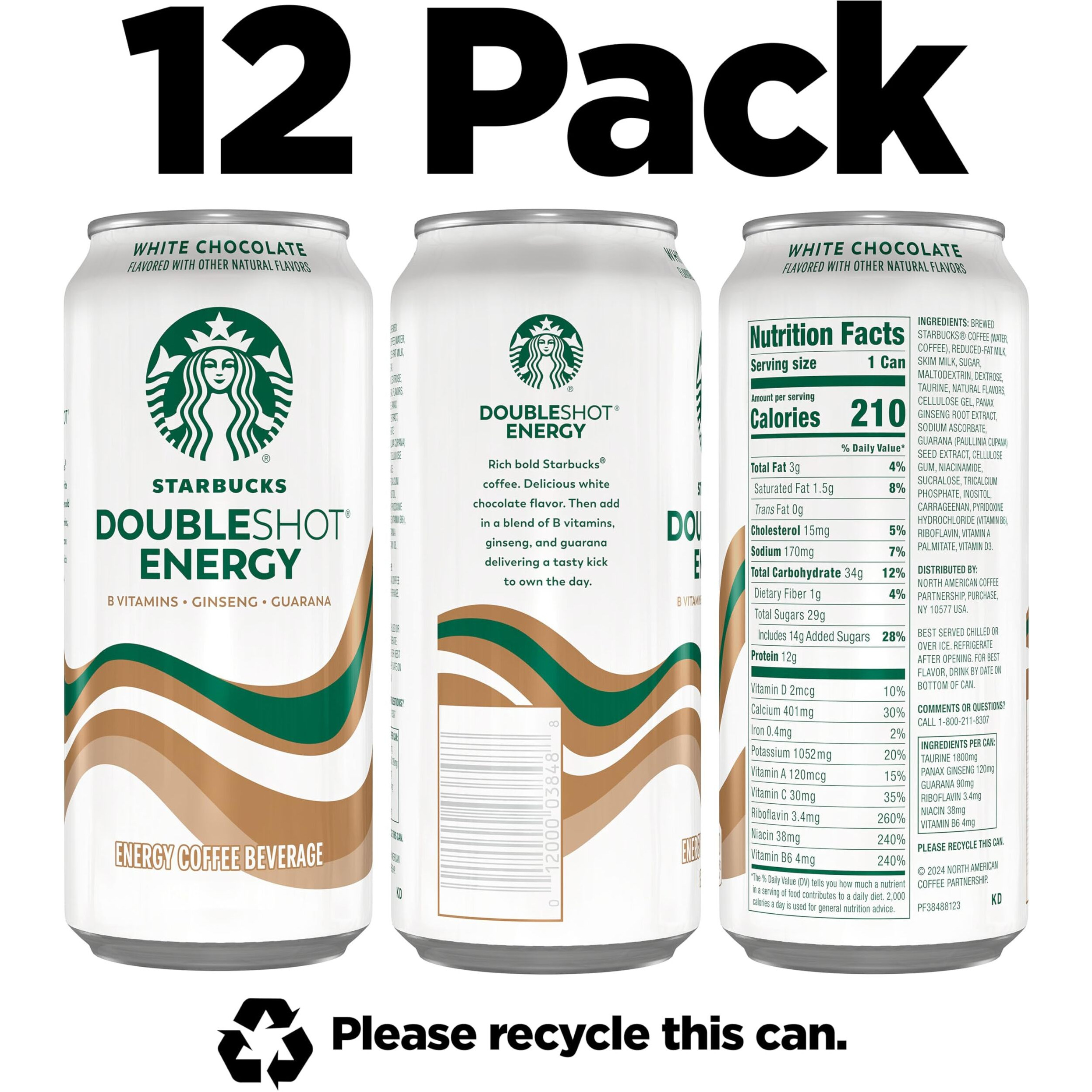 Starbucks Doubleshot Energy Drink Coffee Beverage, White Chocolate, Iced Coffee, 15 Fl Oz Cans (12 Pack) (Packaging May Vary)