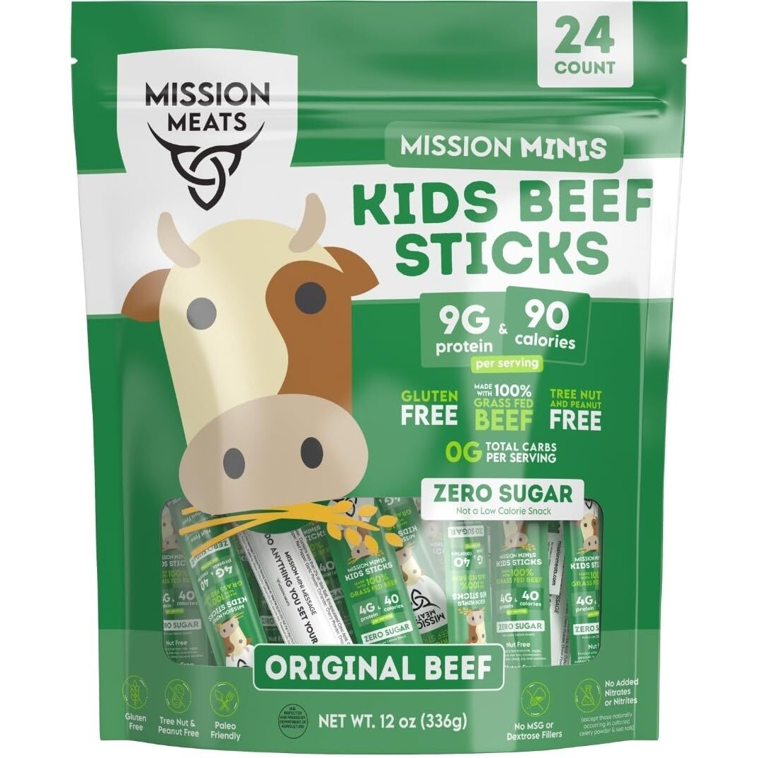 Mission Meats Kids Mini Beef Sticks - 100% Grass Fed Beef Sticks, Toddler Snacks, Healthy Snacks For Kids, Kids Meat Sticks, Paleo, Nut Free, Gluten Free Snacks, Non-Gmo, 0.5Oz, 24 Count (Pack Of 1)