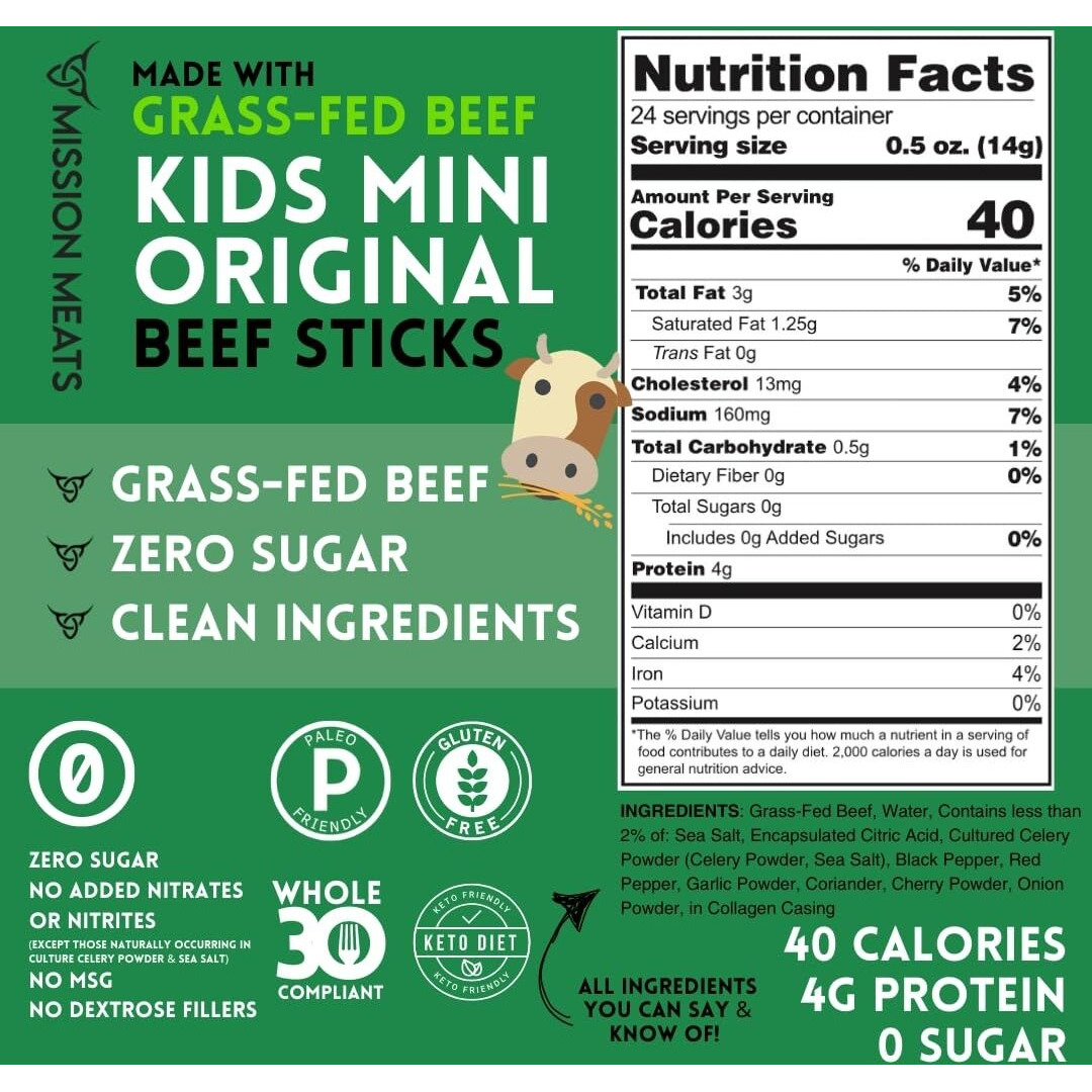 Mission Meats Kids Mini Beef Sticks - 100% Grass Fed Beef Sticks, Toddler Snacks, Healthy Snacks For Kids, Kids Meat Sticks, Paleo, Nut Free, Gluten Free Snacks, Non-Gmo, 0.5Oz, 24 Count (Pack Of 1)