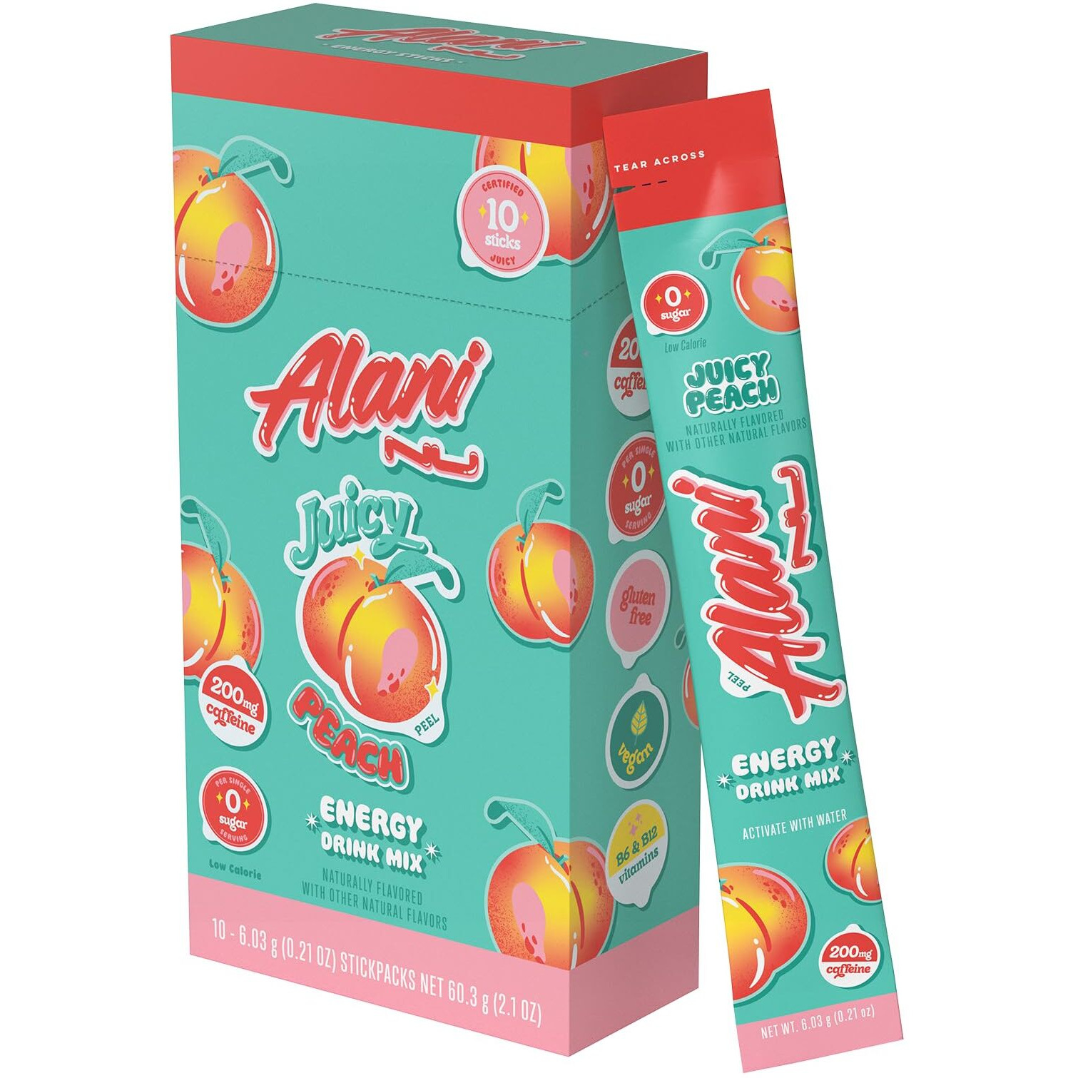 Alani Nu Juicy Peach Energy Sticks | Energy Drink Powder | 200Mg Caffeine | Pre Workout Performance With Antioxidants | On-The-Go Drink Mix | Biotin, B Vitamins | Zero Sugar | 10 Calories | 10 Pack