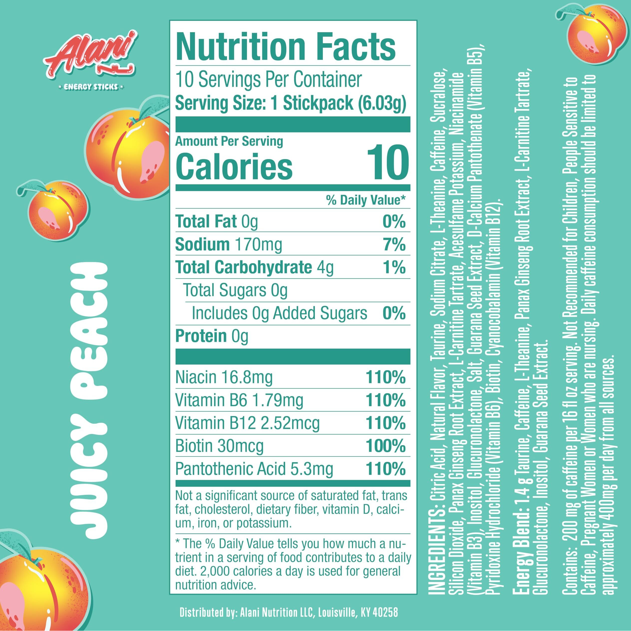 Alani Nu Juicy Peach Energy Sticks | Energy Drink Powder | 200Mg Caffeine | Pre Workout Performance With Antioxidants | On-The-Go Drink Mix | Biotin, B Vitamins | Zero Sugar | 10 Calories | 10 Pack