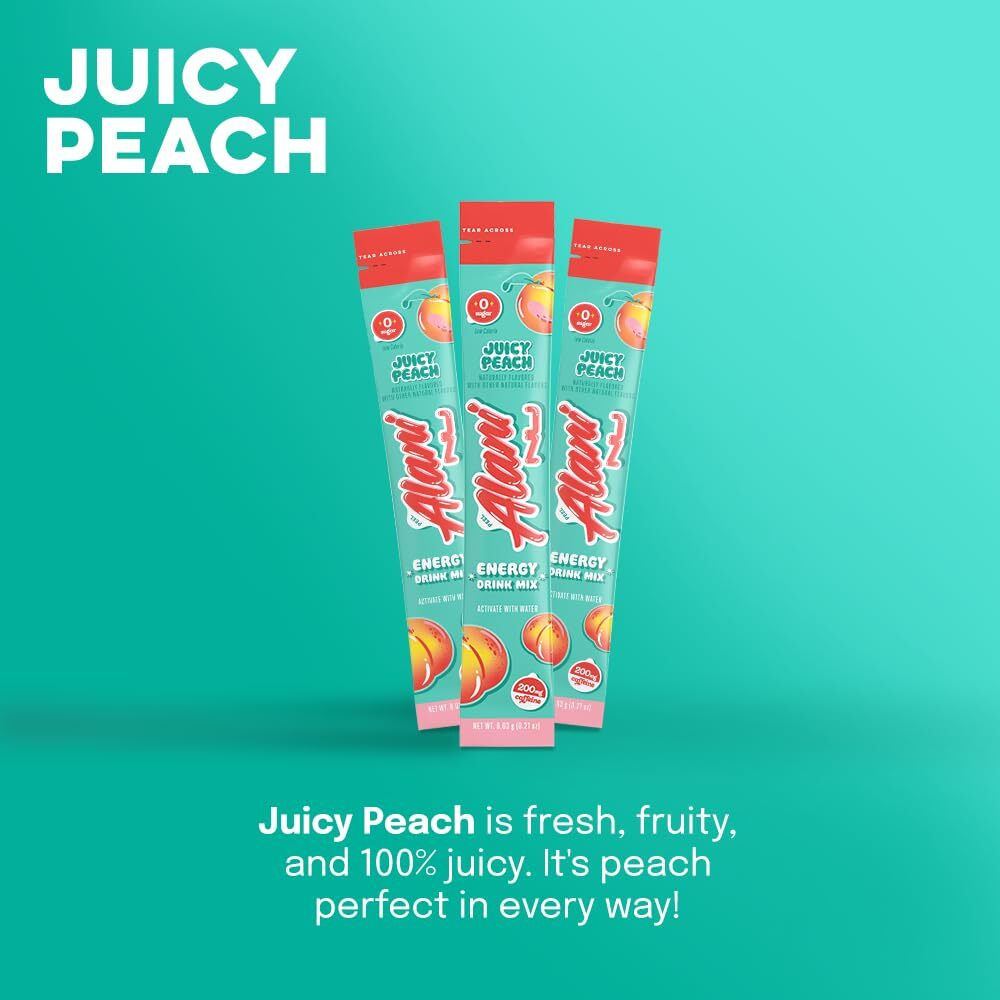 Alani Nu Juicy Peach Energy Sticks | Energy Drink Powder | 200Mg Caffeine | Pre Workout Performance With Antioxidants | On-The-Go Drink Mix | Biotin, B Vitamins | Zero Sugar | 10 Calories | 10 Pack