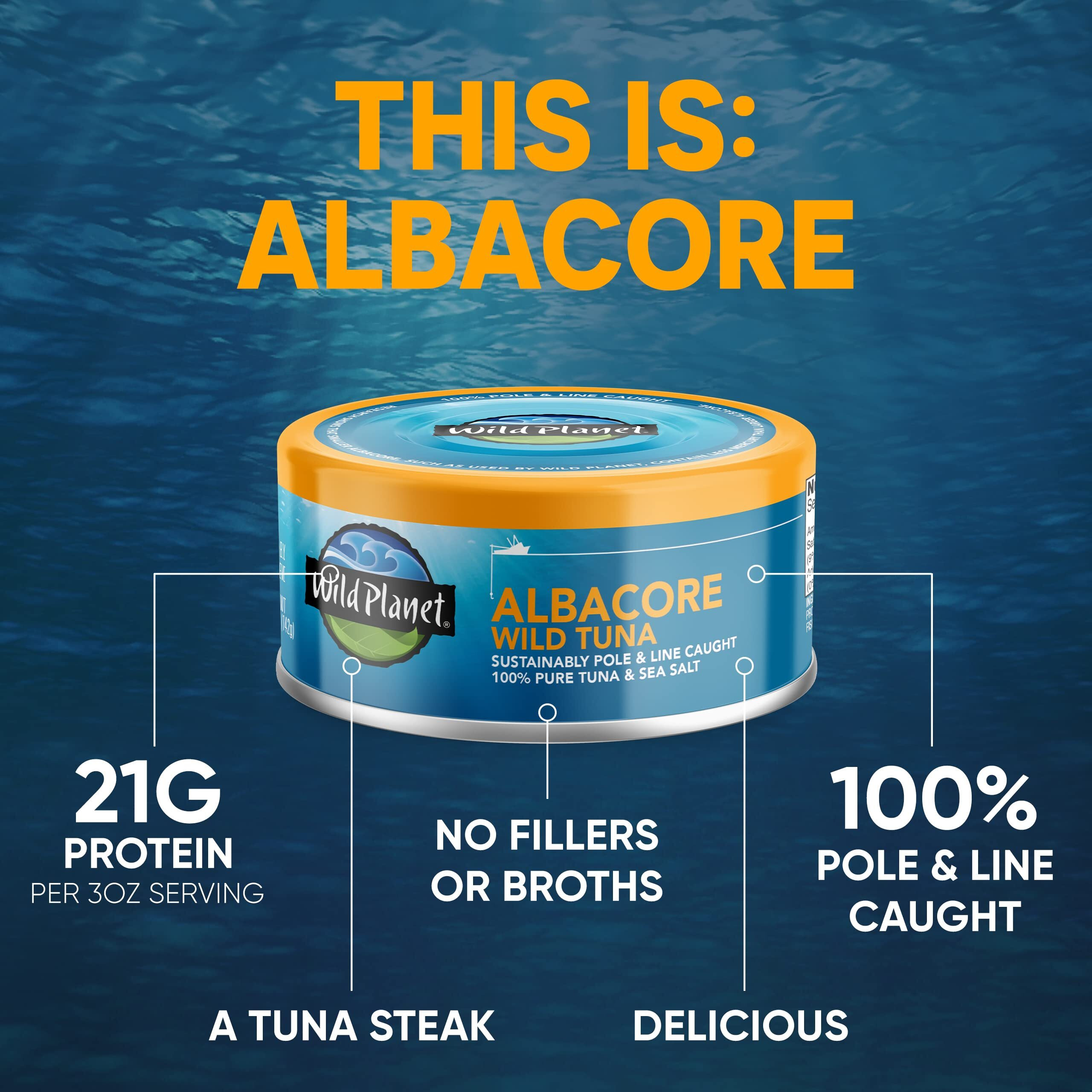 Wild Planet Albacore Wild Tuna, Sea Salt, Canned Tuna, Sustainably Wild-Caught, Pole & Line, Non-Gmo, Kosher, 5 Ounce, Pack Of 12