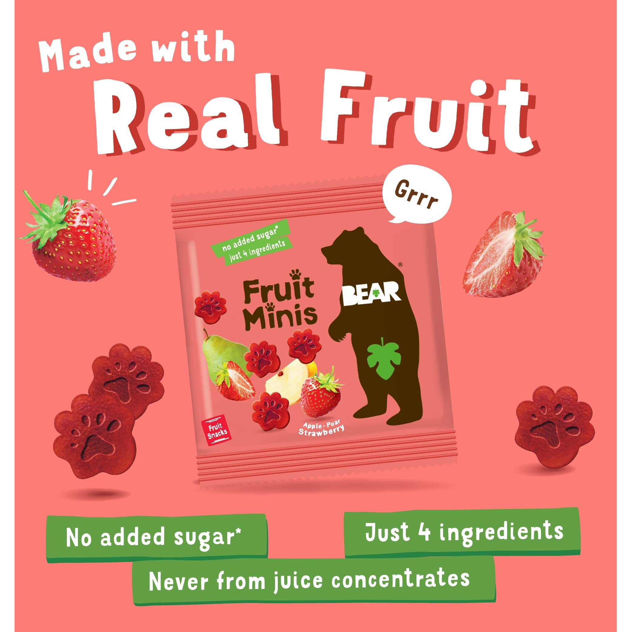 Bear Real Fruit Snack Minis, Strawberry - (Pack Of 18) - Bite Sized Snacks For Kids, Gluten Free, Vegan, Non Gmo, 0.7 Oz