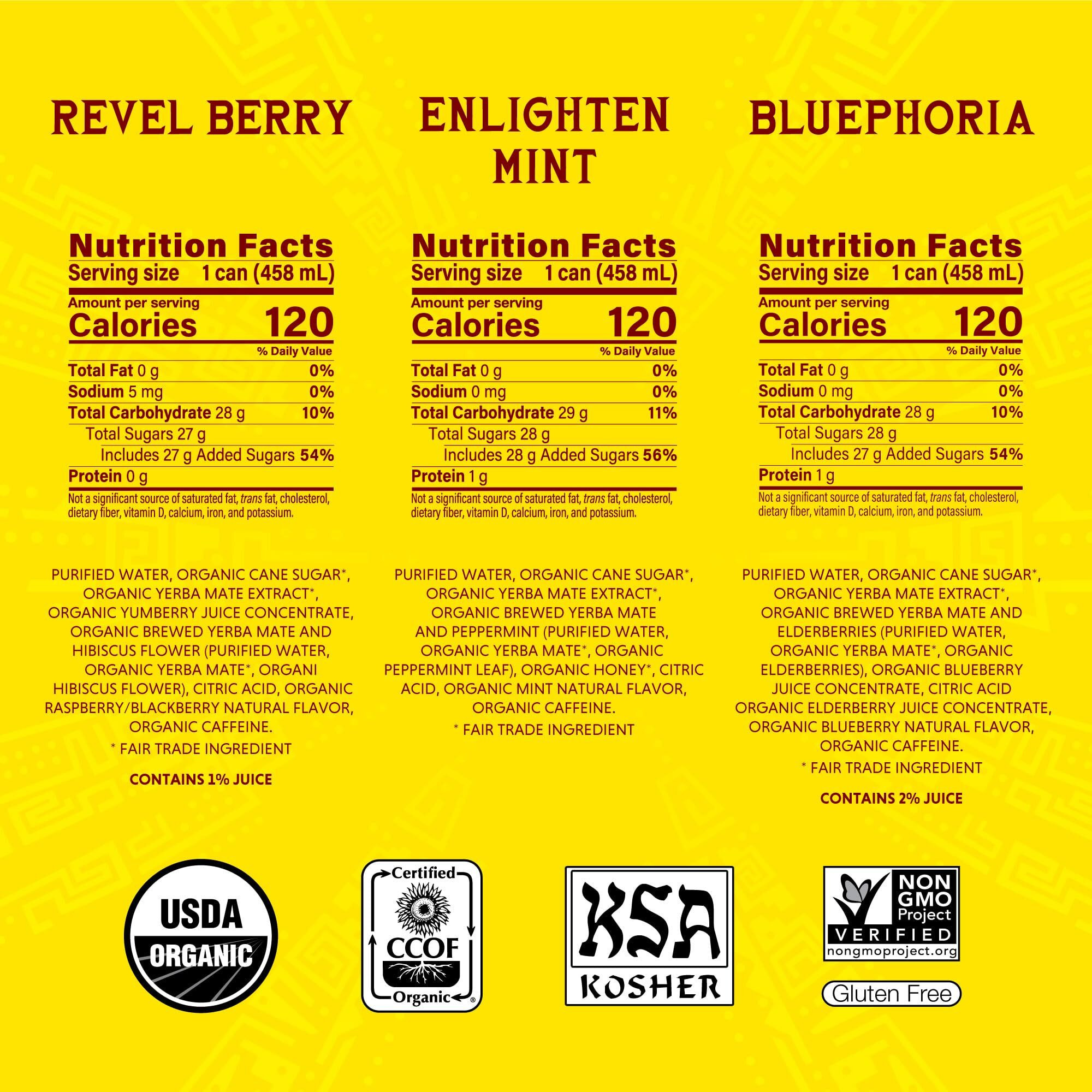 Guayak   Yerba Mate, Energy Drink Alternative, Variety Pack (Organic Enlighten Mint, Revel Berry, Bluephoria Flavors), 15.5 Oz (Pack Of 12), 150Mg Natural Caffeine, Back To School College Essential, Smooth Energy & Focus