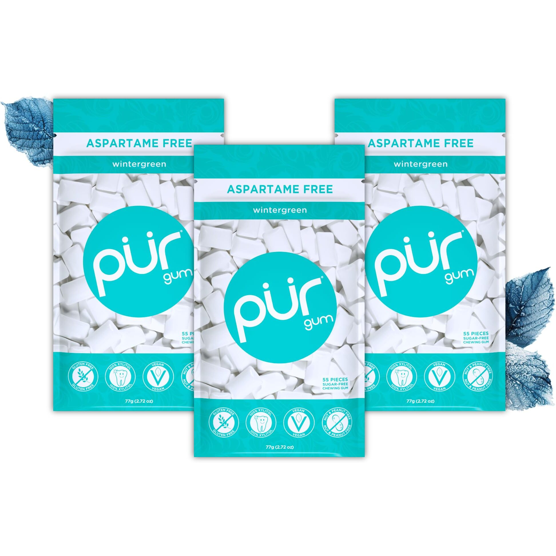 Pur Gum | Aspartame Free Chewing Gum | 100% Xylitol | Natural Wintergreen Flavored Gum, 55 Pieces (Pack Of 3)