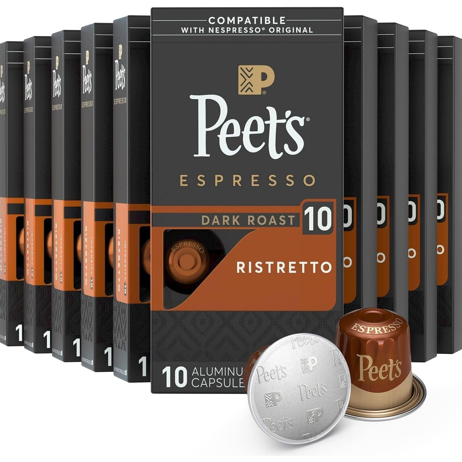 Peet's Coffee, Dark Roast Espresso Pods, Ristretto Intensity 10, 100 Count (10 Boxes Of 10 Espresso Capsules)
