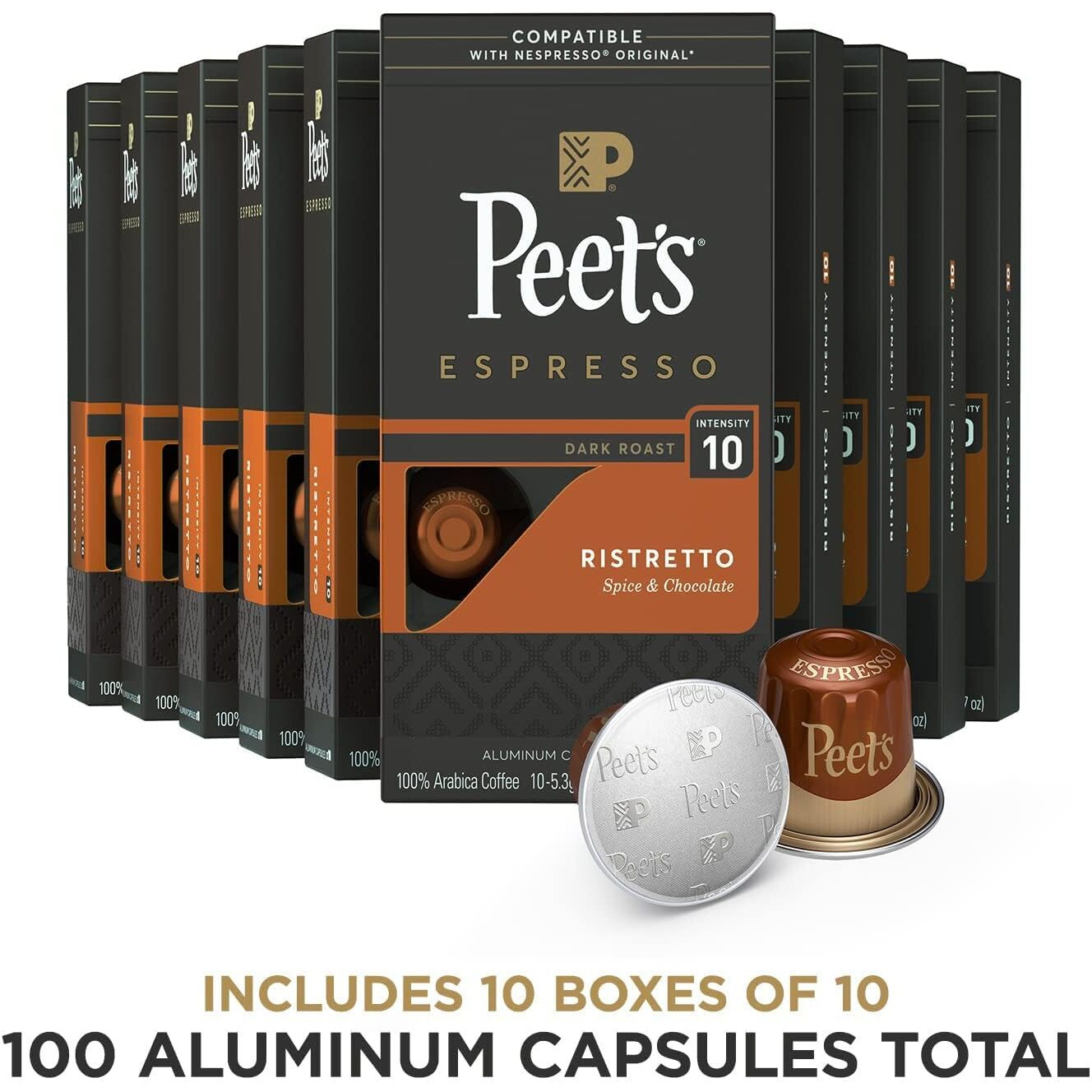 Peet's Coffee, Dark Roast Espresso Pods, Ristretto Intensity 10, 100 Count (10 Boxes Of 10 Espresso Capsules)