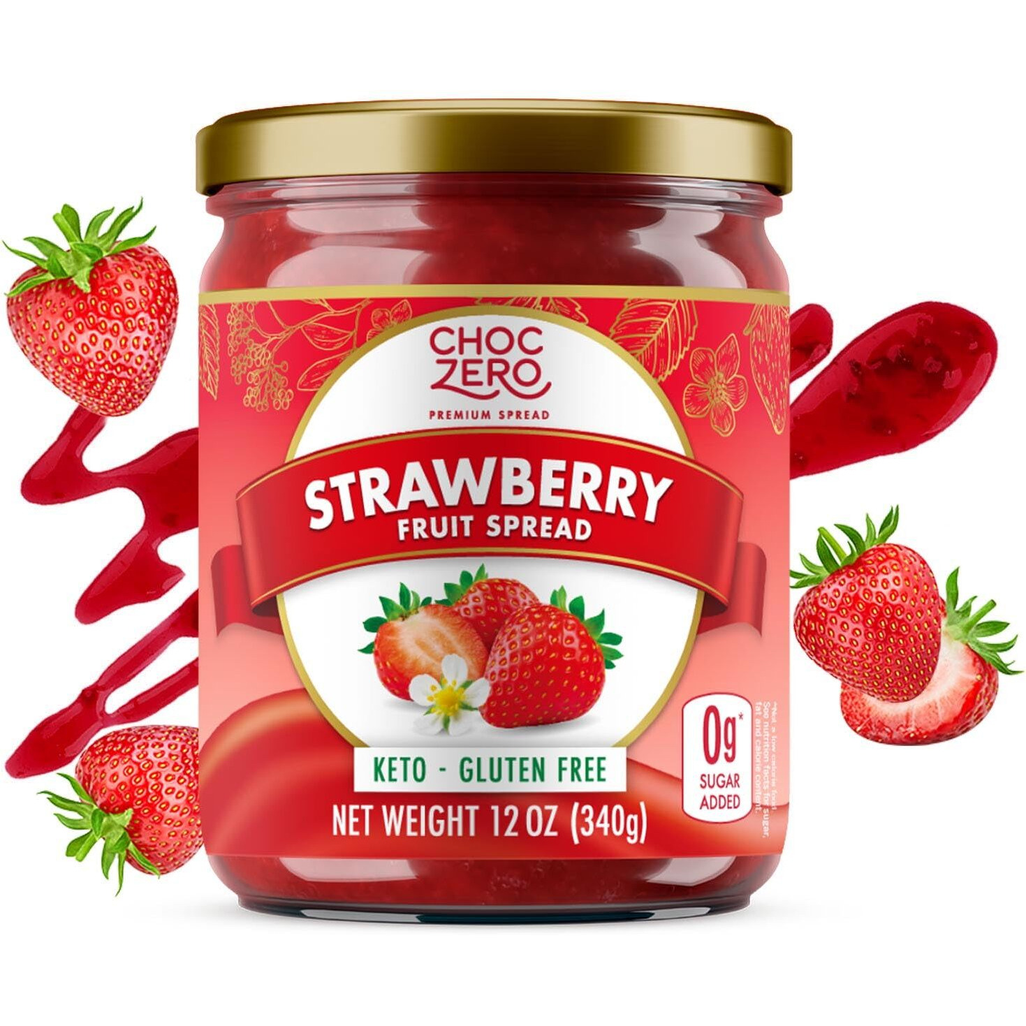 Keto Strawberry Jam, No Sugar Added - Monk Fruit Sweetened, Gluten Free Spread From Choczero, 12 Oz