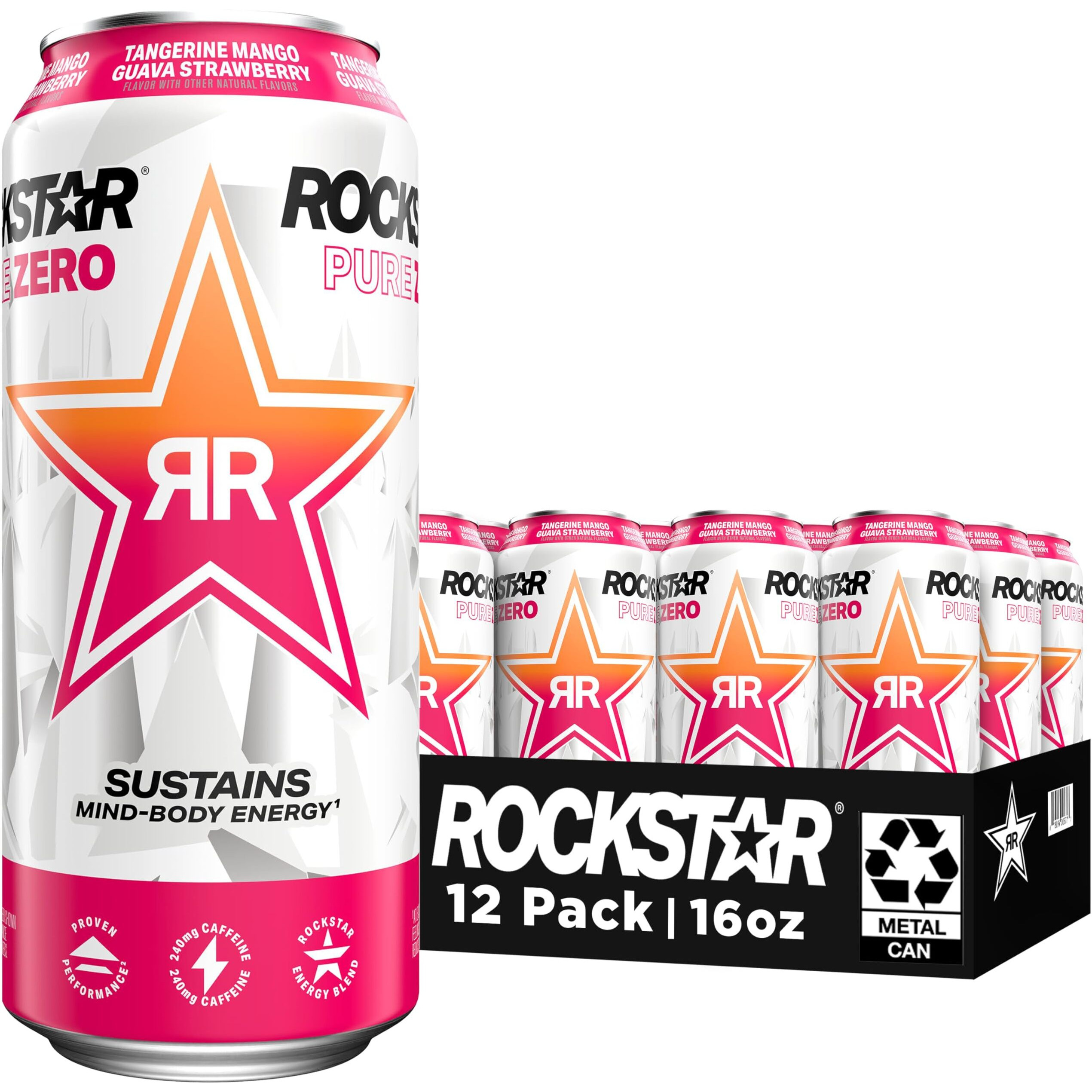 Rockstar Pure Zero Energy Drink, Tangerine Mango Guava Strawberryh, 0 Sugar, With Caffeine And Taurine, 16 Fl Oz (Pack Of 12) (Packaging May Vary)