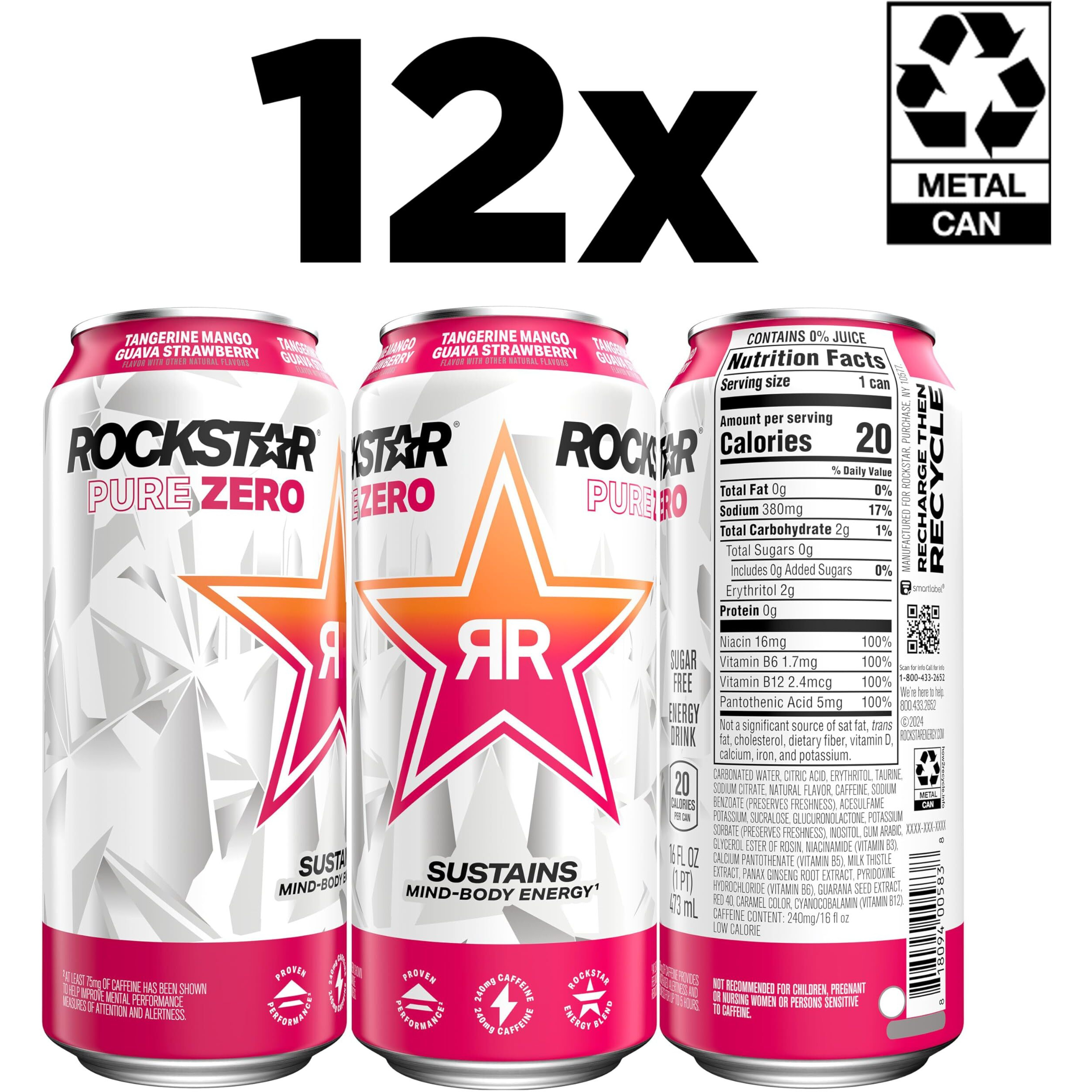 Rockstar Pure Zero Energy Drink, Tangerine Mango Guava Strawberryh, 0 Sugar, With Caffeine And Taurine, 16 Fl Oz (Pack Of 12) (Packaging May Vary)