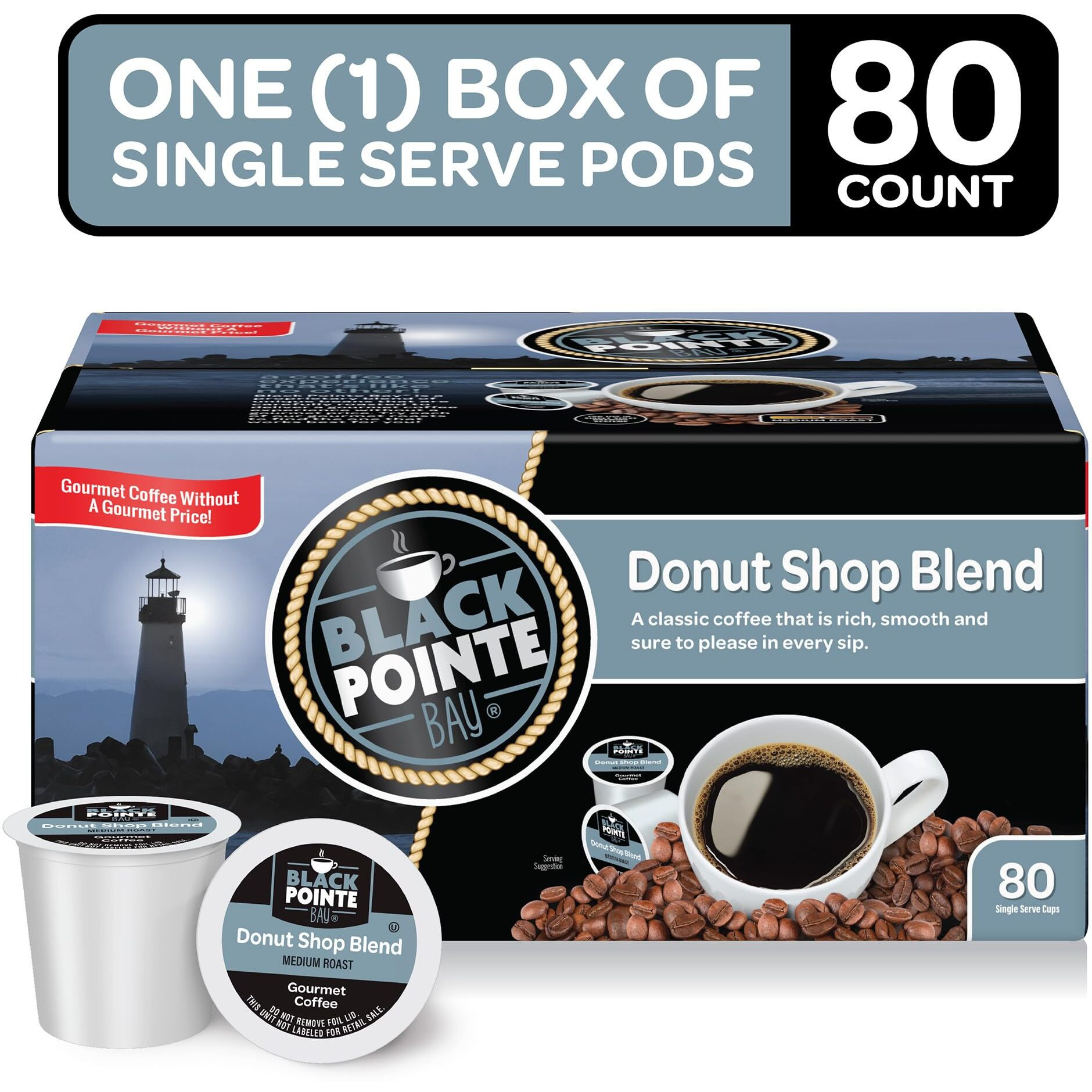 Black Pointe Bay Coffee Donut Shop Blend, Medium Roast, 80 Count, Single Serve Coffee Pods For Keurig K-Cup Brewers