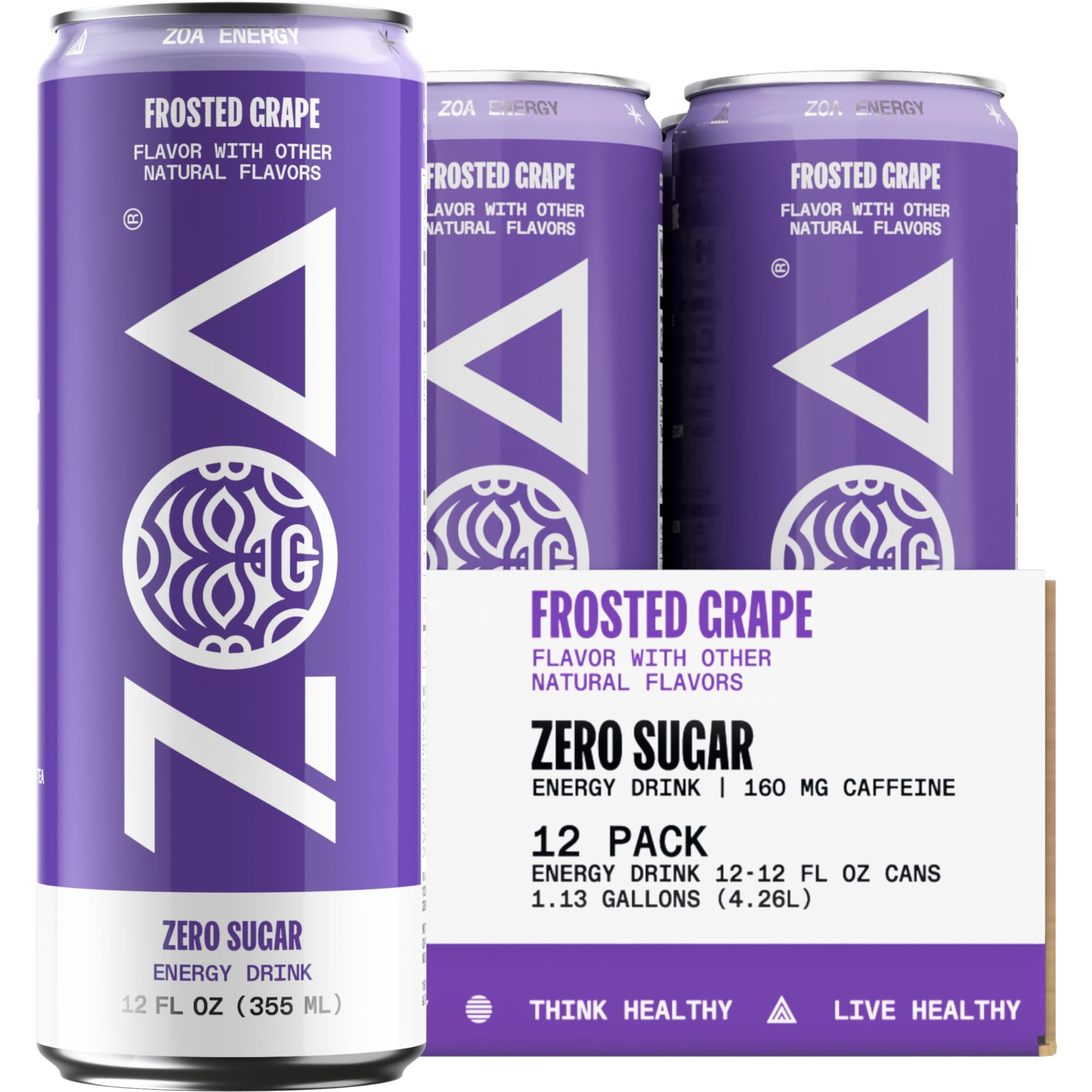 Zoa Zero Sugar Energy Drinks, Frosted Grape - Sugar Free With Electrolytes, Healthy Vitamin C, Amino Acids, Essential B-Vitamins, And Caffeine From Green Tea - 12 Fl Oz (12-Pack)