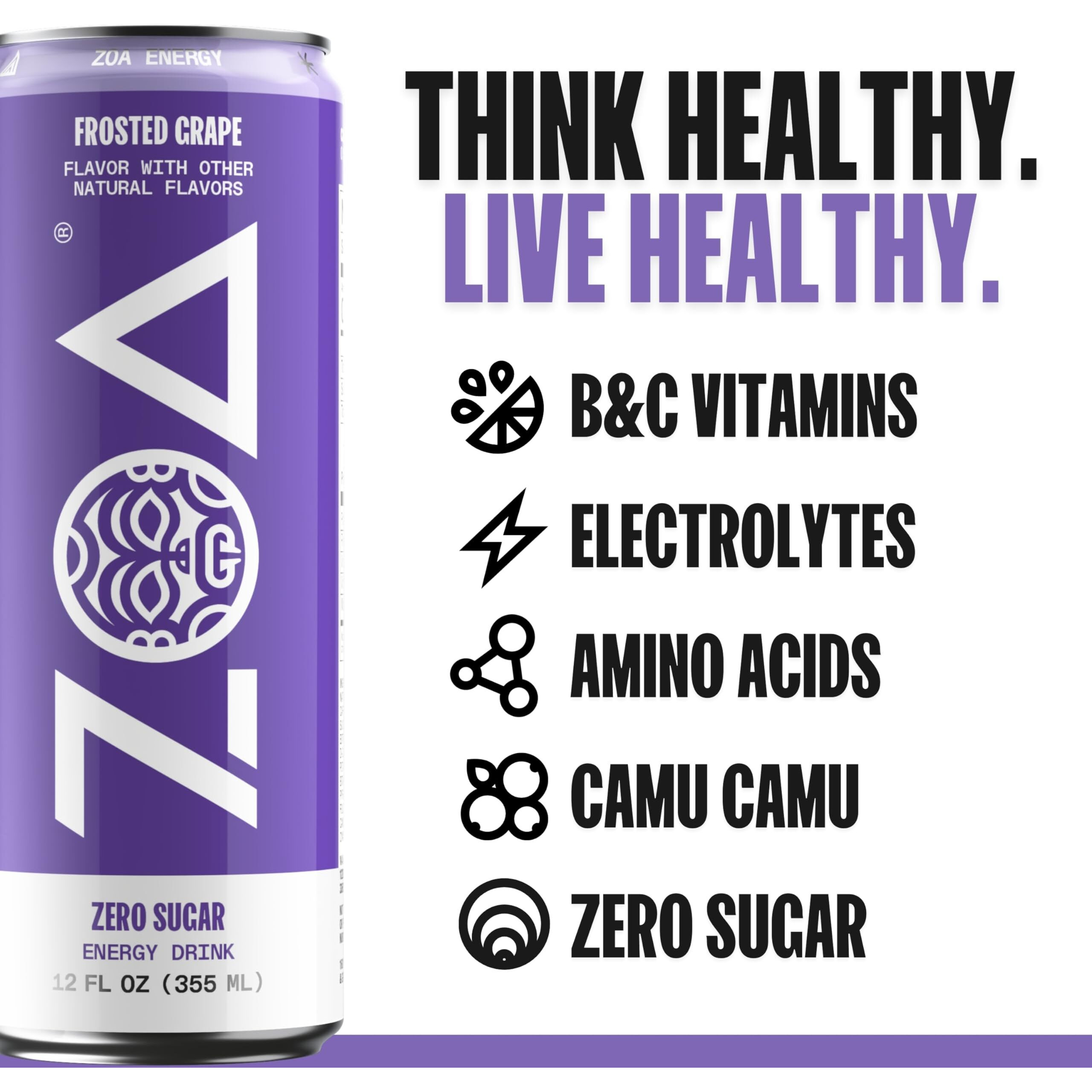 Zoa Zero Sugar Energy Drinks, Frosted Grape - Sugar Free With Electrolytes, Healthy Vitamin C, Amino Acids, Essential B-Vitamins, And Caffeine From Green Tea - 12 Fl Oz (12-Pack)