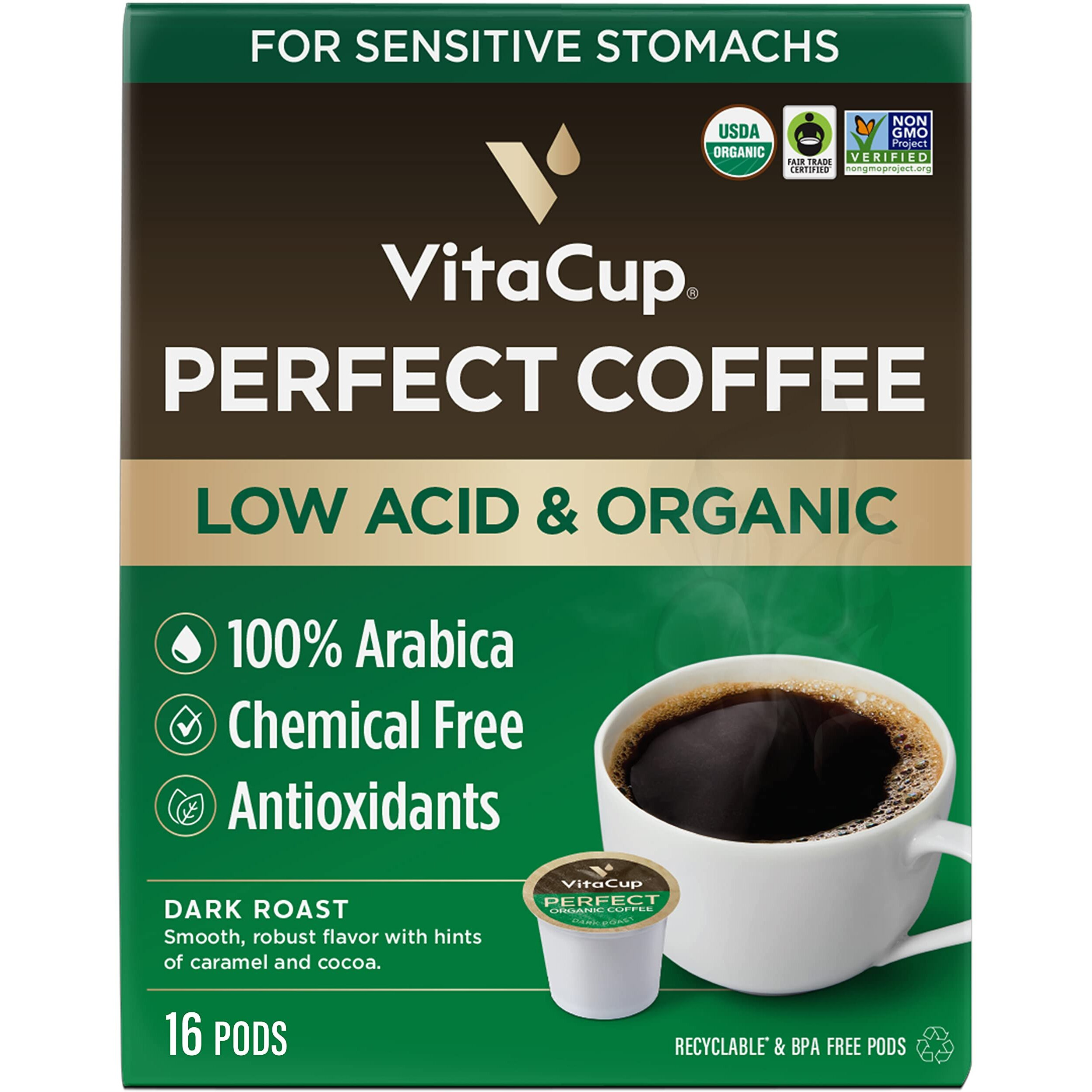 Vitacup Perfect Low Acid Coffee Pods, Usda Organic & Fair Trade, Mycotoxin Free, Dark Roast Guatemala Single Origin, Clean & Pure Recyclable Single Serve Pod Compatible W/Keurig K-Cup Brewers,16 Ct