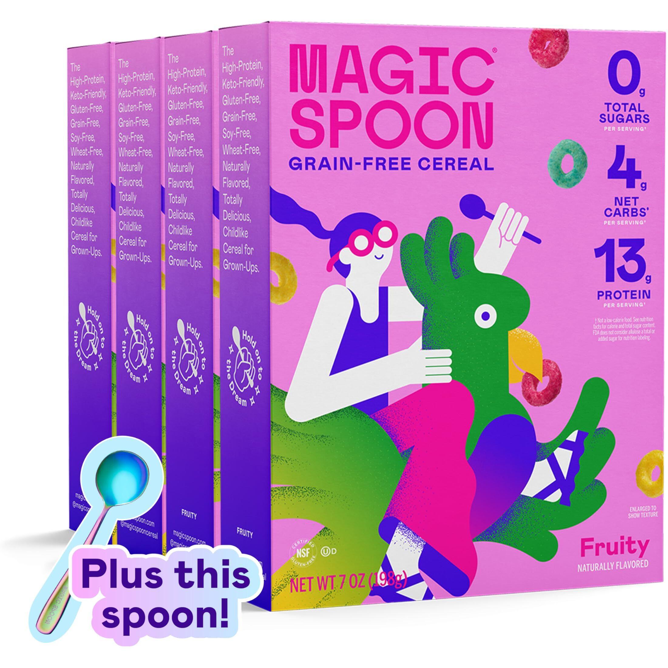 Magic Spoon Cereal - Fruity 4-Pack Of Cereal And Spoon - Keto & Low Carb Lifestyles, Gluten & Grain Free, High Protein, 0G Sugar