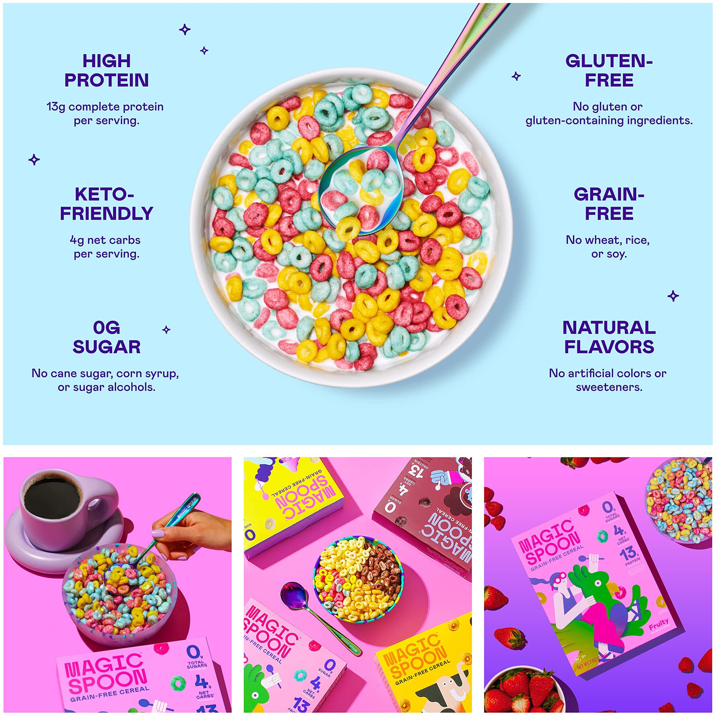 Magic Spoon Cereal - Fruity 4-Pack Of Cereal And Spoon - Keto & Low Carb Lifestyles, Gluten & Grain Free, High Protein, 0G Sugar