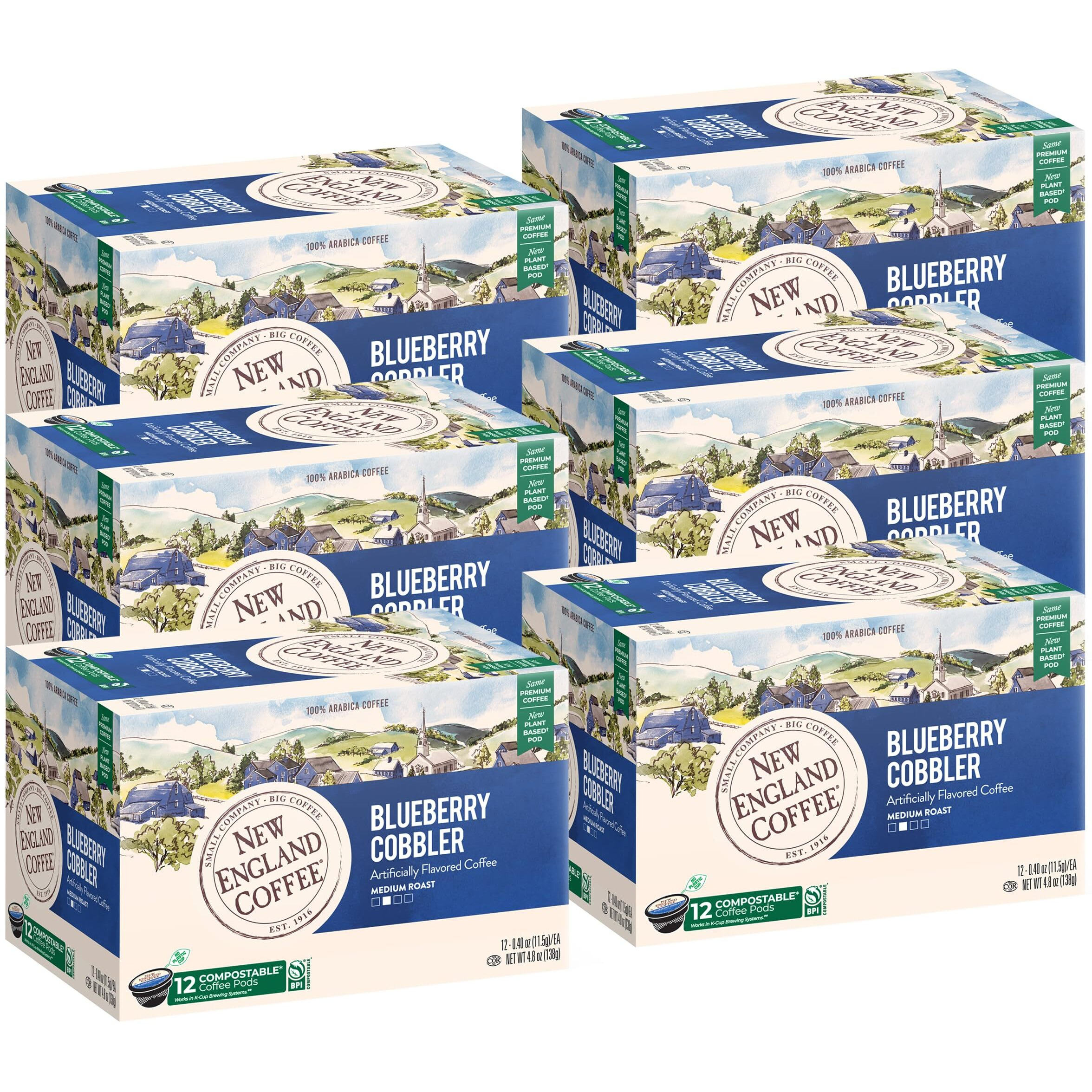 New England Coffee Blueberry Cobbler Medium Roast Single Serve Pods, 12Ct Box (Pack Of 6)