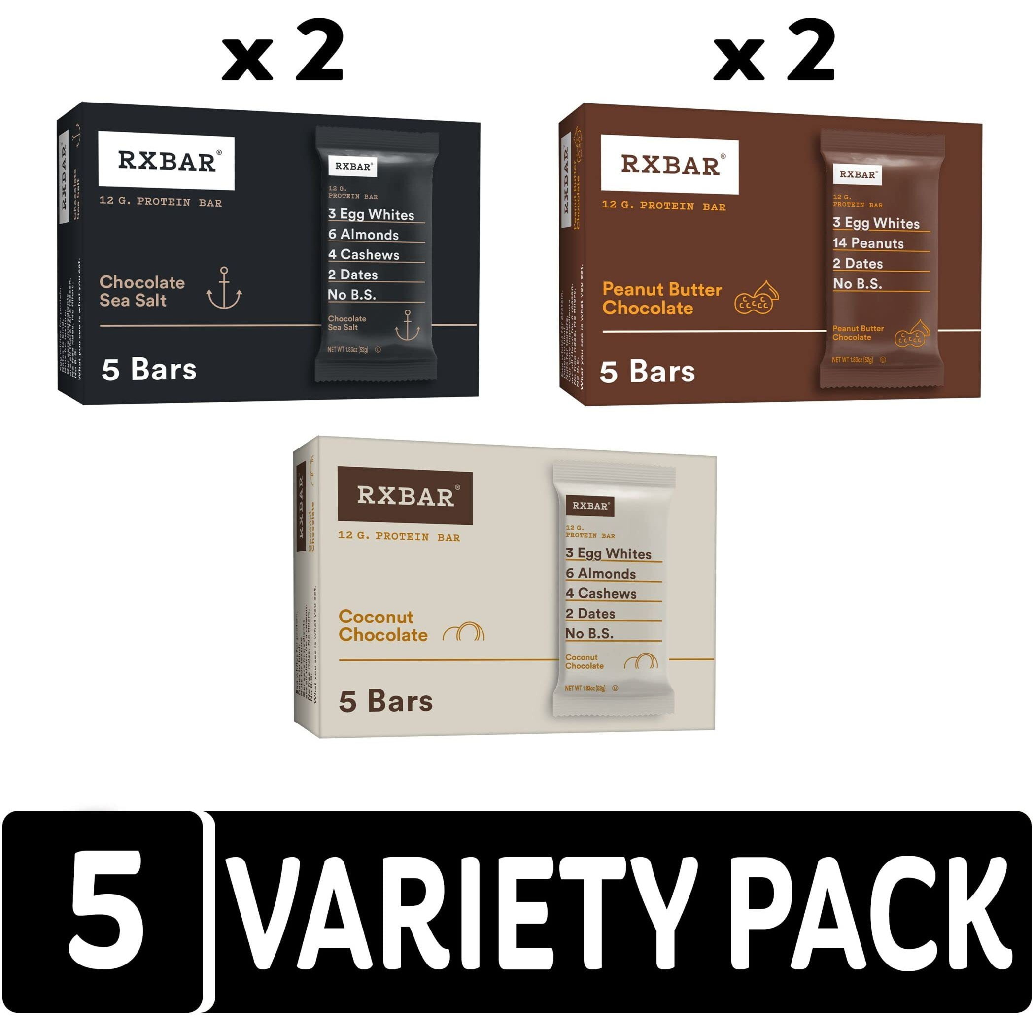 Rxbar Protein Bars, 12G Protein, Gluten Free Snacks, Chocolate Lovers Variety Pack (5 Boxes, 25 Bars)