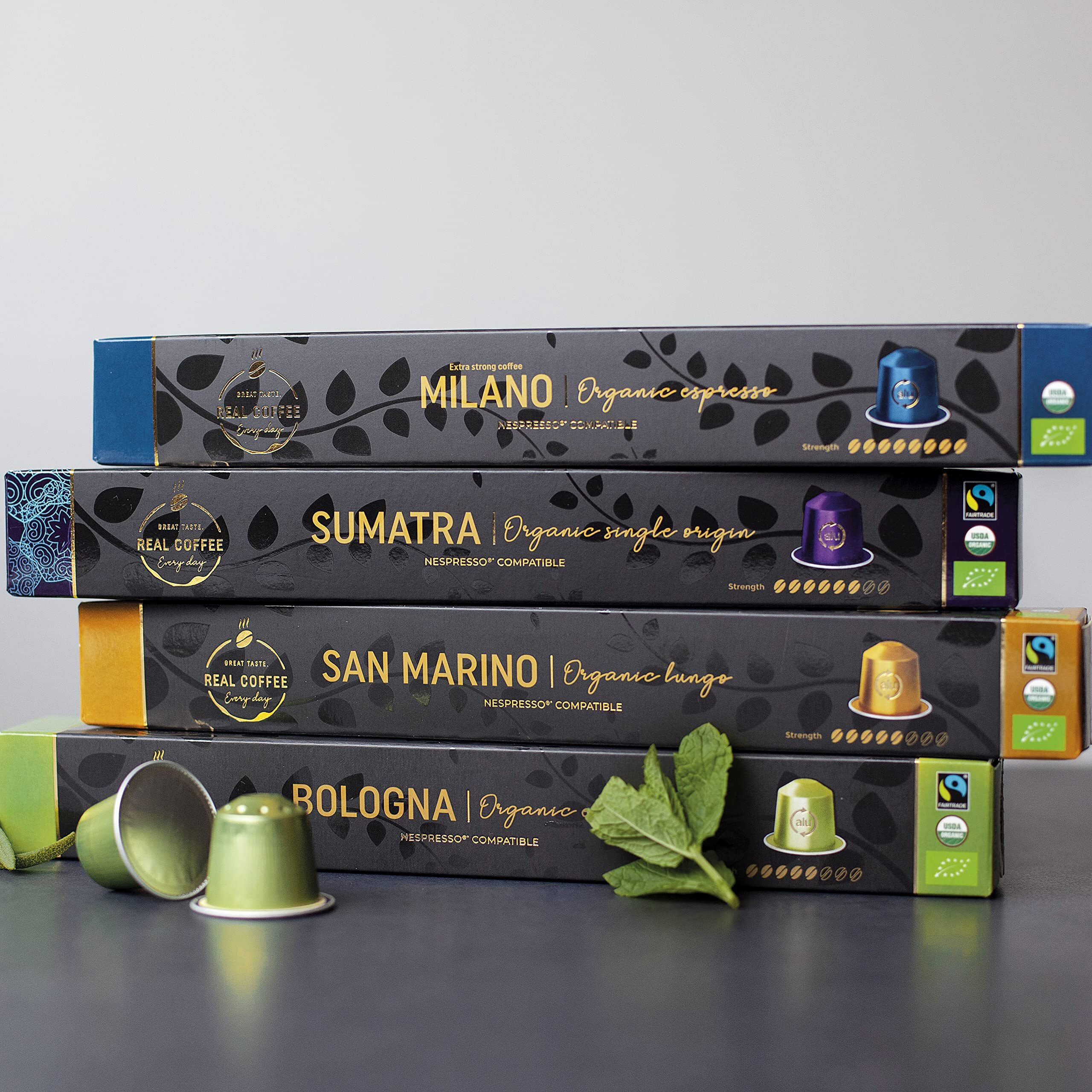 Organic Espresso Variety Pack For Nespresso | 100 Usda Organic Aluminum Capsules | 3 Strong Italian Espressos + 1 Smooth Lungo | 100% Nespresso Compatible Pods | Fairtrade |
