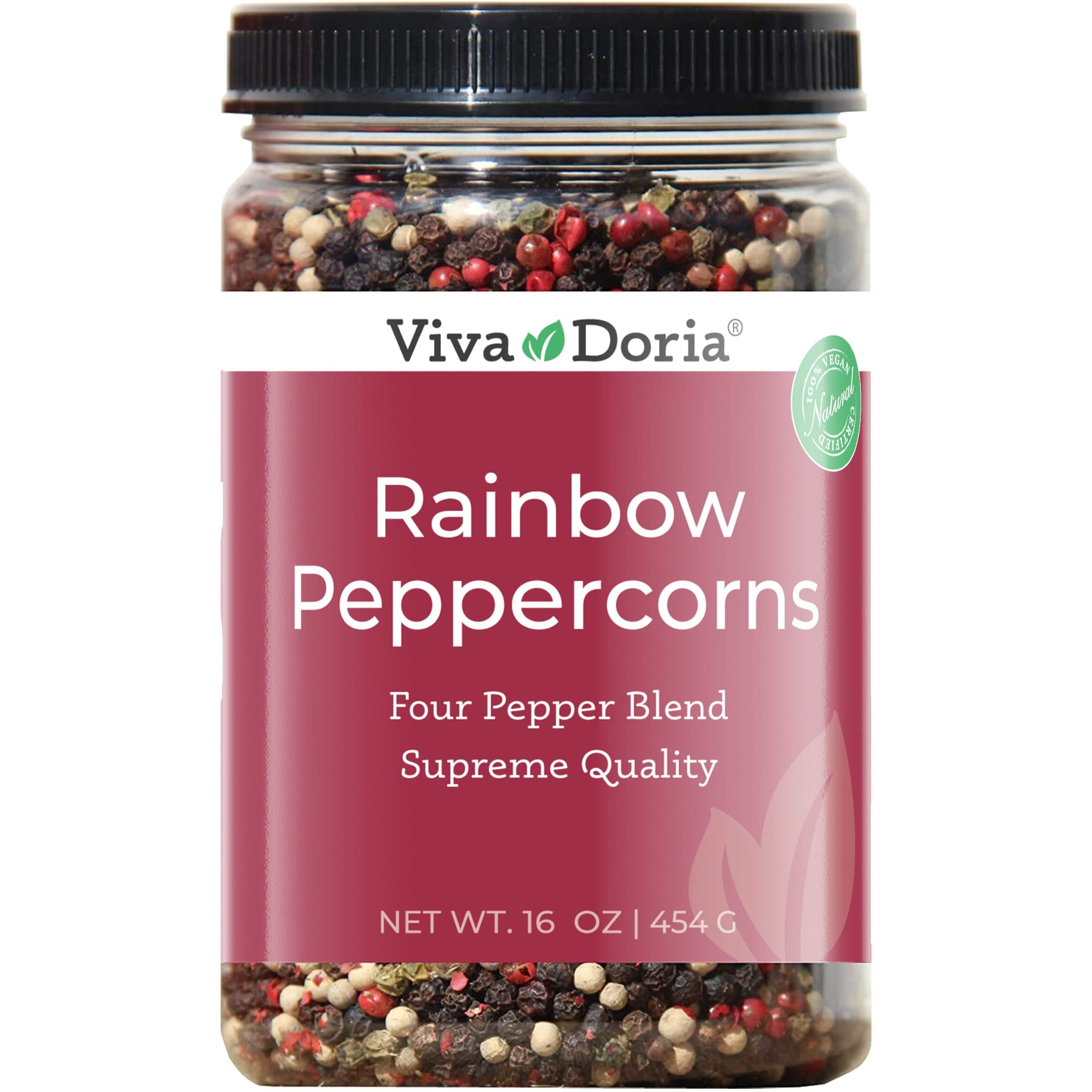 Viva Doria Rainbow Blend Peppercorn, Steam Sterilized Whole Black/Green Pepper, Whole Pink/White Pepper, 16 Oz, For Grinder Refills