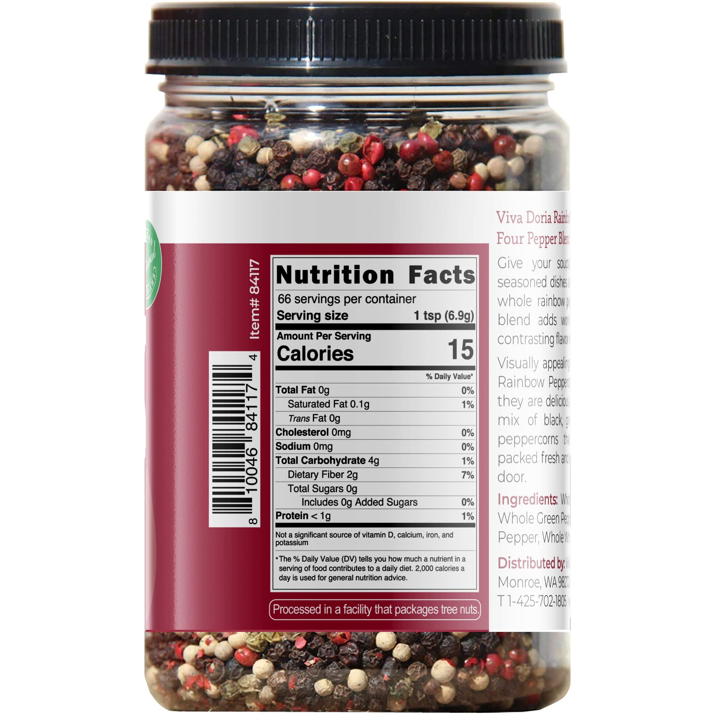 Viva Doria Rainbow Blend Peppercorn, Steam Sterilized Whole Black/Green Pepper, Whole Pink/White Pepper, 16 Oz, For Grinder Refills
