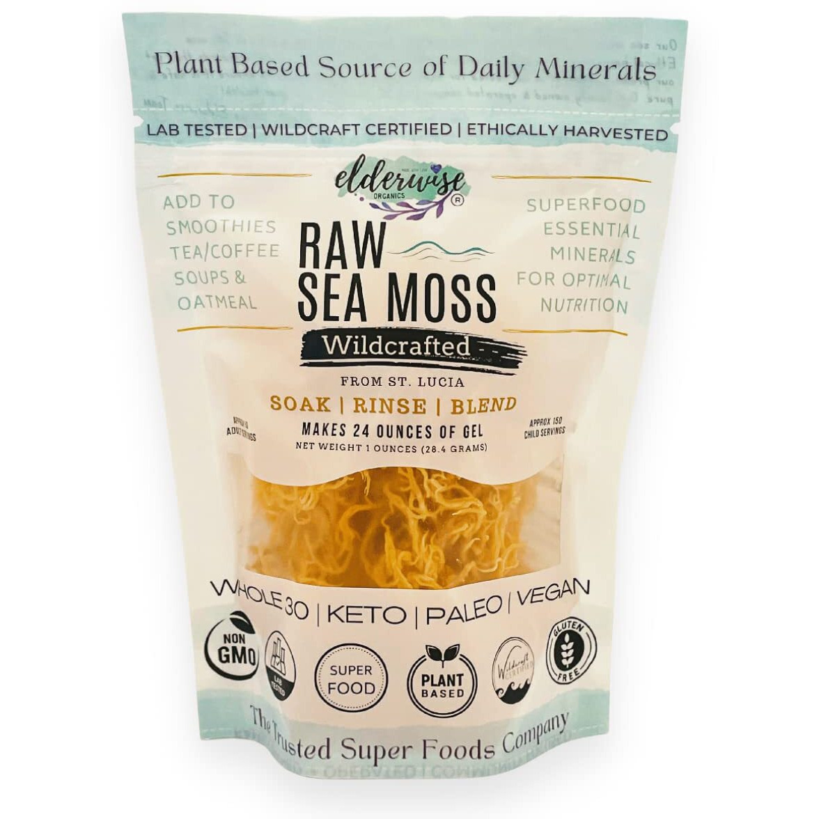 Elderwise Raw Sea Moss | Organic Seamoss Makes 20Oz Of Gel | Wildcrafted Golden Sea Moss | Raw & Non Gmo Certified | Sundried | Mineral And Vitamin Rich | Golden