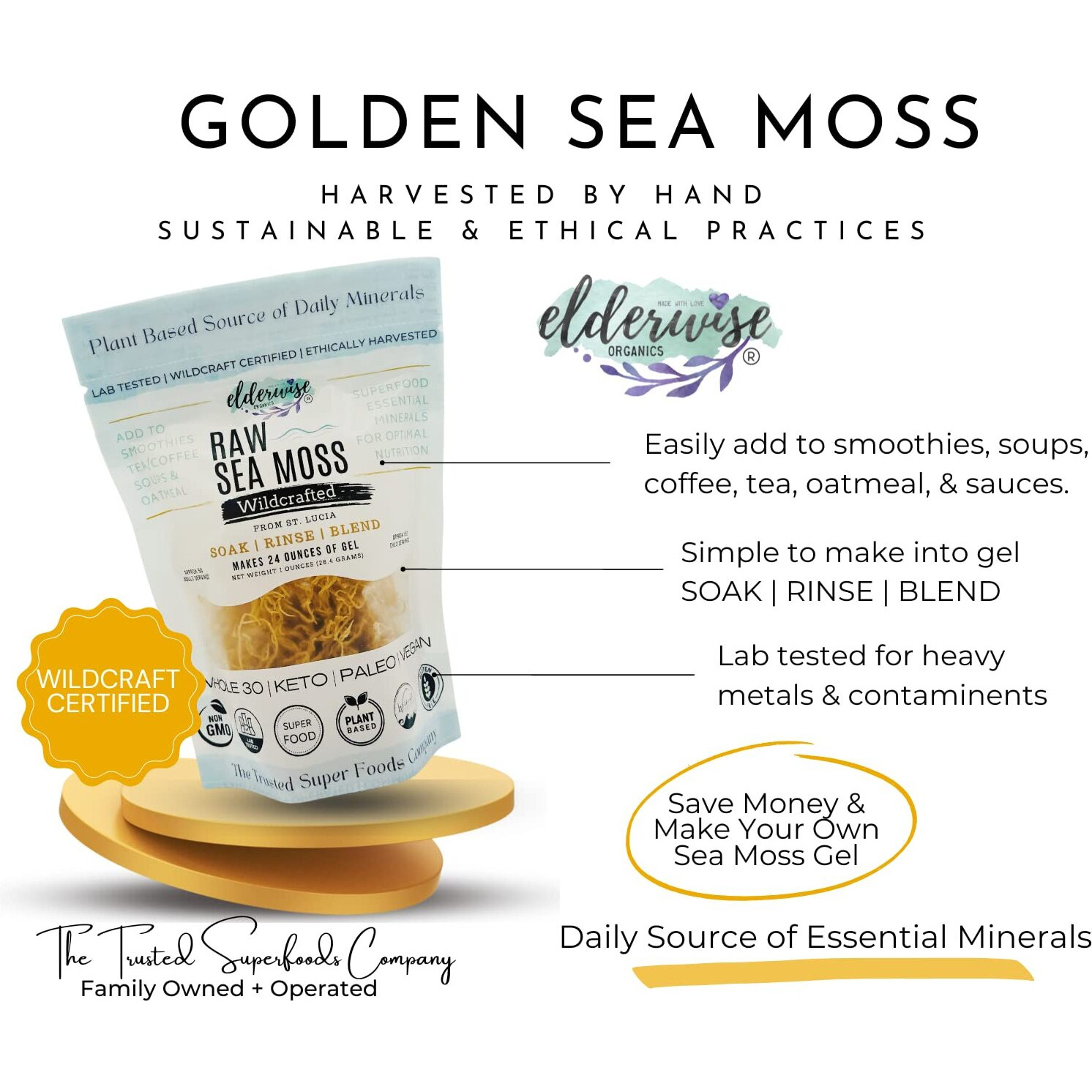 Elderwise Raw Sea Moss | Organic Seamoss Makes 20Oz Of Gel | Wildcrafted Golden Sea Moss | Raw & Non Gmo Certified | Sundried | Mineral And Vitamin Rich | Golden