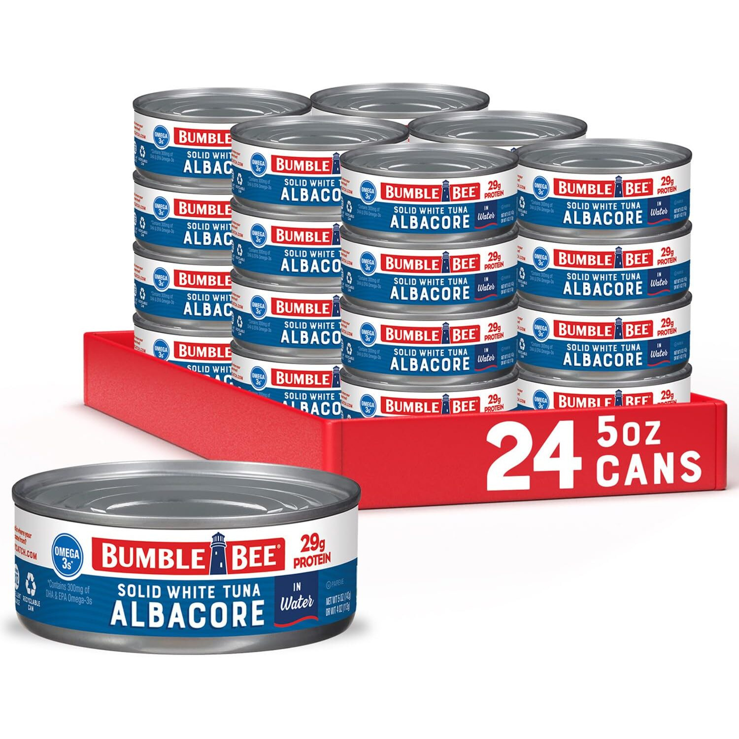 Bumble Bee Solid White Albacore Tuna In Water, 5 Oz Can (Pack Of 24) - Wild Caught Tuna - 29G Protein Per Serving, High In Omega-3S - Non-Gmo Project Verified, Gluten Free, Kosher
