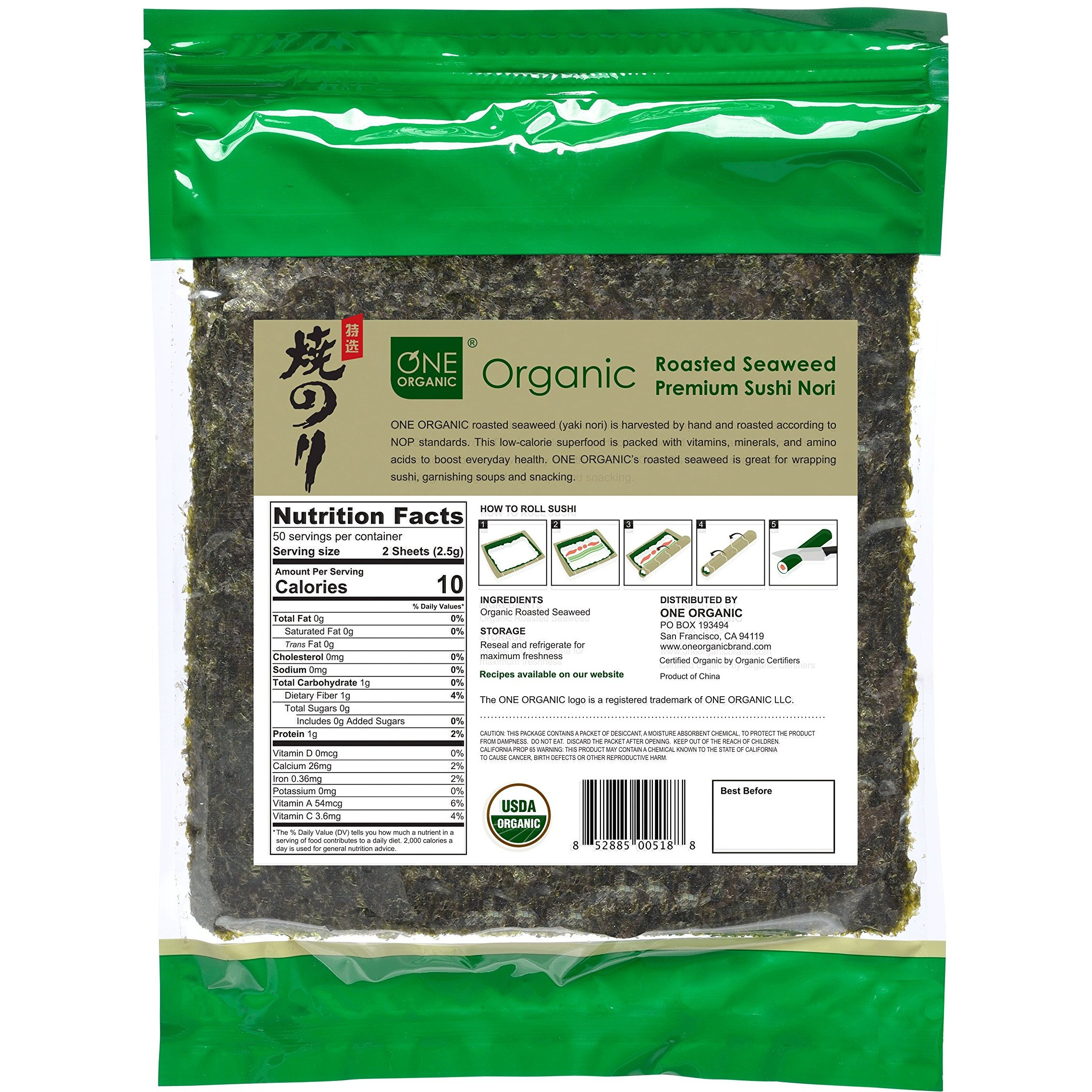 One Organic Sushi Nori Premium Roasted Organic Seaweed (50 Full Sheets)