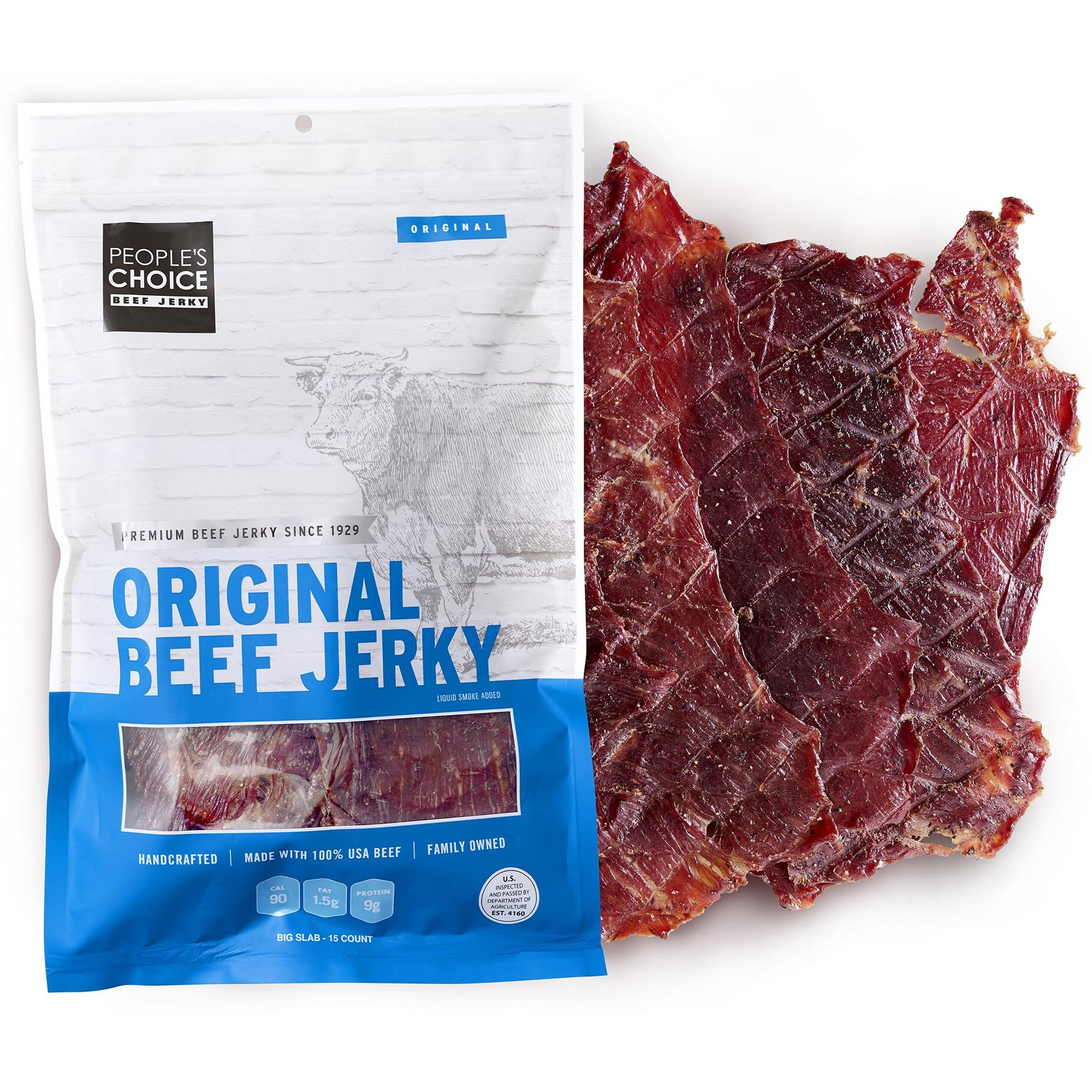 People's Choice Beef Jerky - Classic - Original - Big Slab - Whole Muscle Premium Cuts - Bulk Jerky Package - Thin Sheets - Low Sodium Low Salt High Protein Meat Snack - 15 Count, 1 Bag