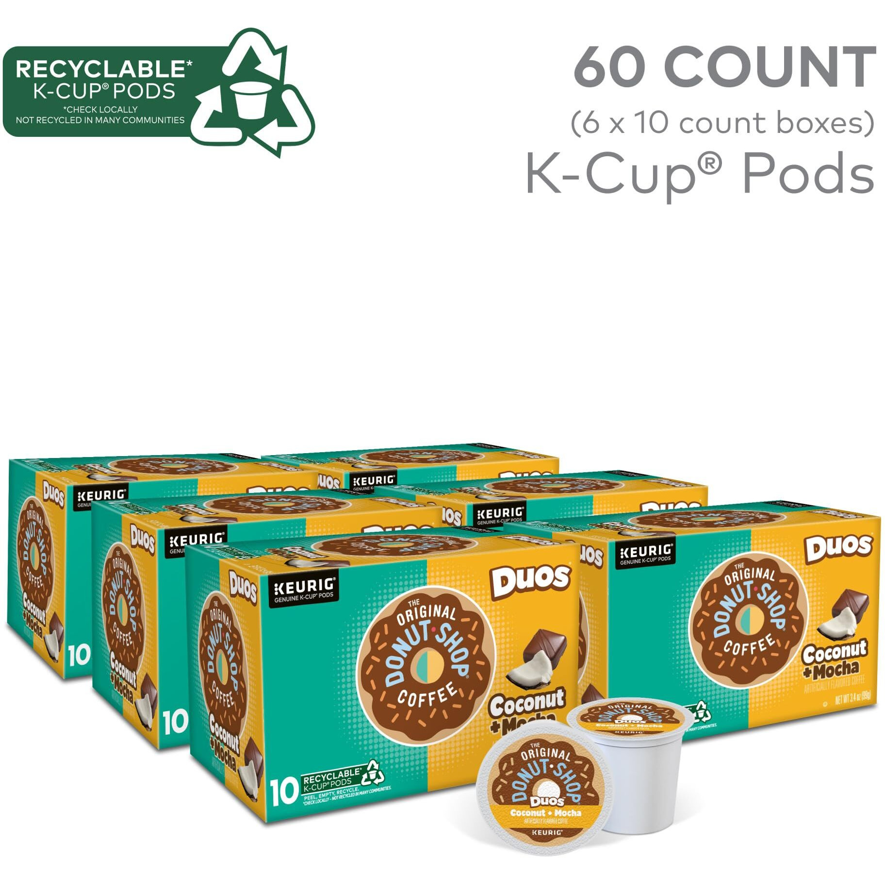 The Original Donut Shop Duos Coconut + Mocha Coffee, Keurig Single Serve K-Cup Pods, Medium Roast Coffee, 60 Count, (6 Packs Of 10)