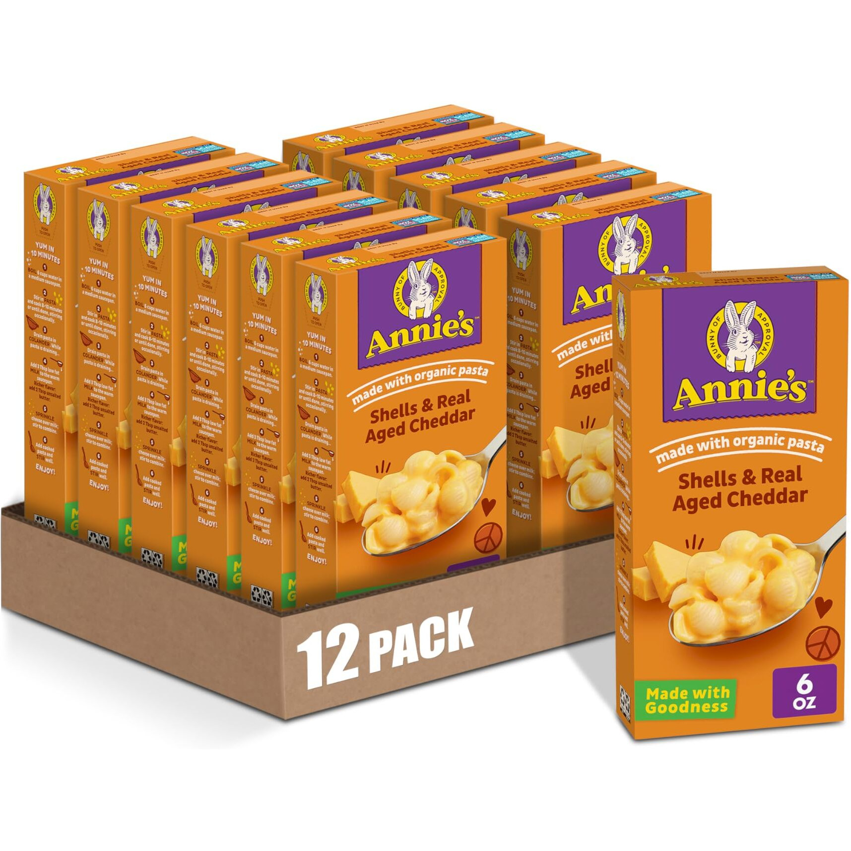Annies Real Aged Cheddar Shells Macaroni & Cheese Dinner With Organic Pasta, 6 Oz (Pack Of 12)