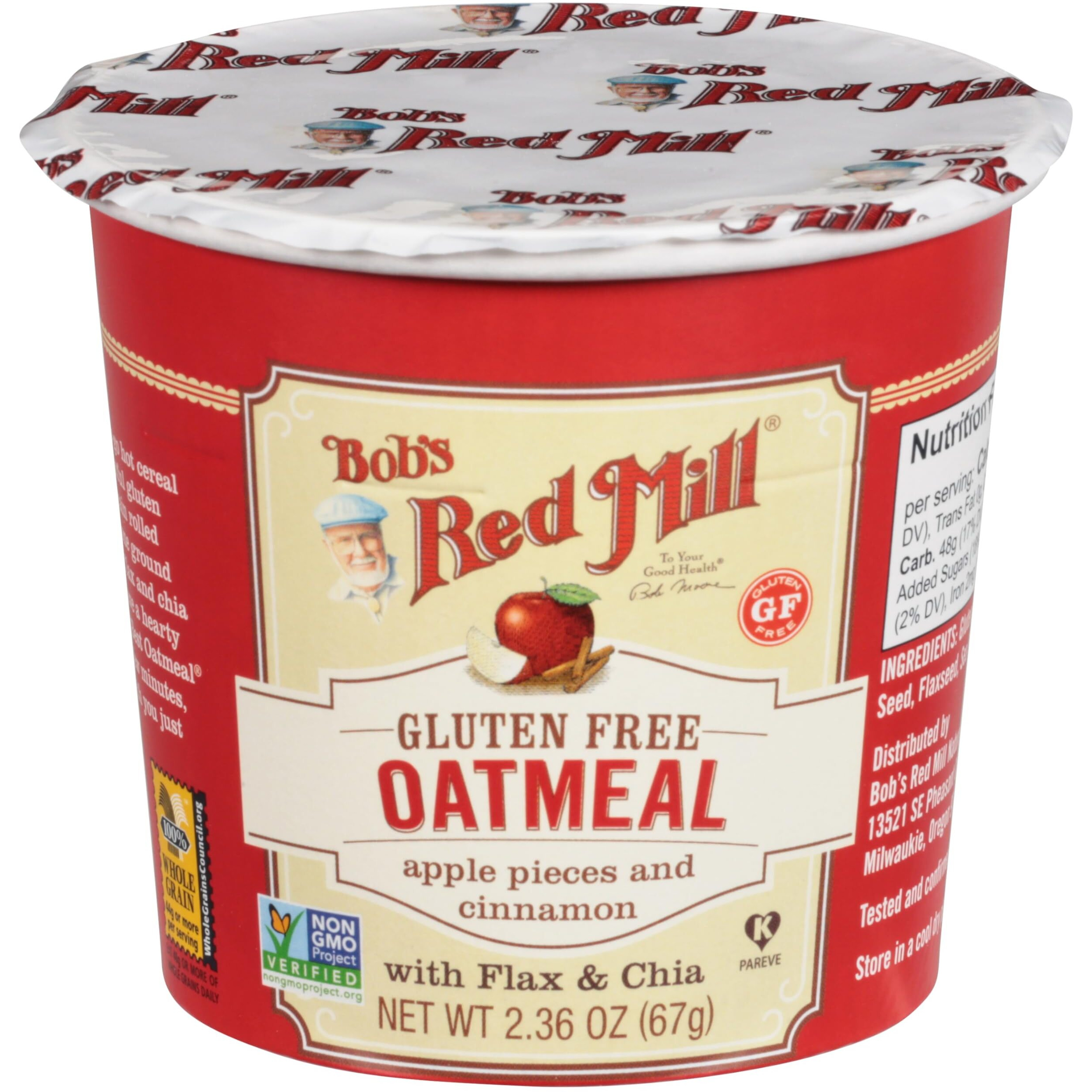 Bob's Red Mill Gf Oatmeal Cup, Apple & Cinnamon, 2.36 Ounce Cup (Pack Of 12), Gluten Free, Non-Gmo, Whole Grain, Kosher