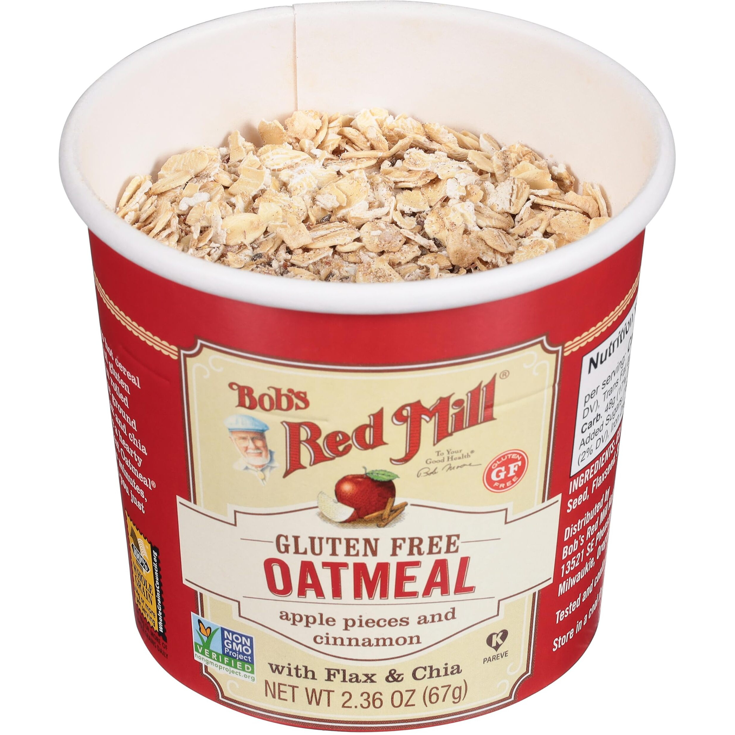Bob's Red Mill Gf Oatmeal Cup, Apple & Cinnamon, 2.36 Ounce Cup (Pack Of 12), Gluten Free, Non-Gmo, Whole Grain, Kosher