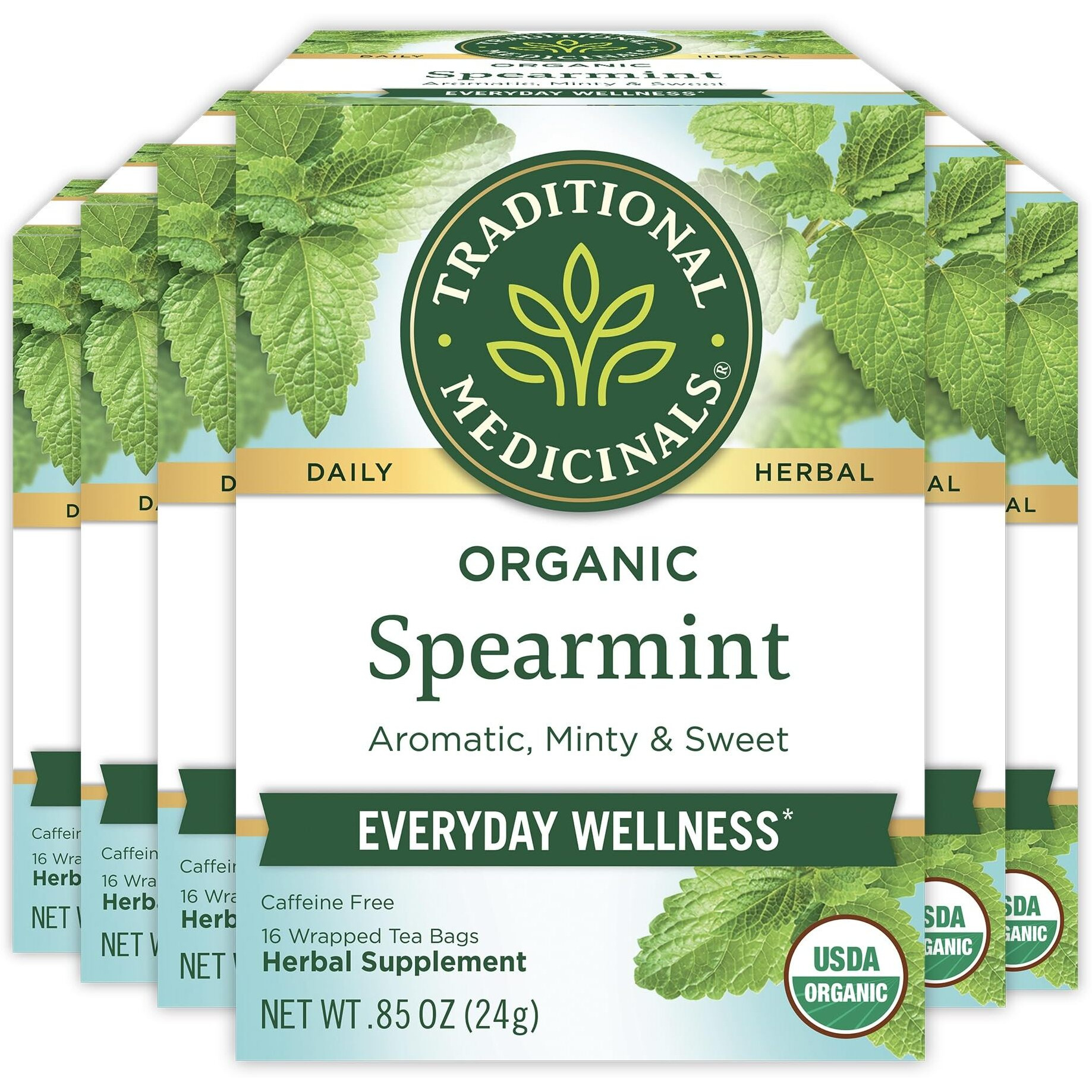 Traditional Medicinals Tea, Organic Spearmint, Supports Everyday Wellness, Healthy & Refreshing, 16 Count (Pack Of 6)