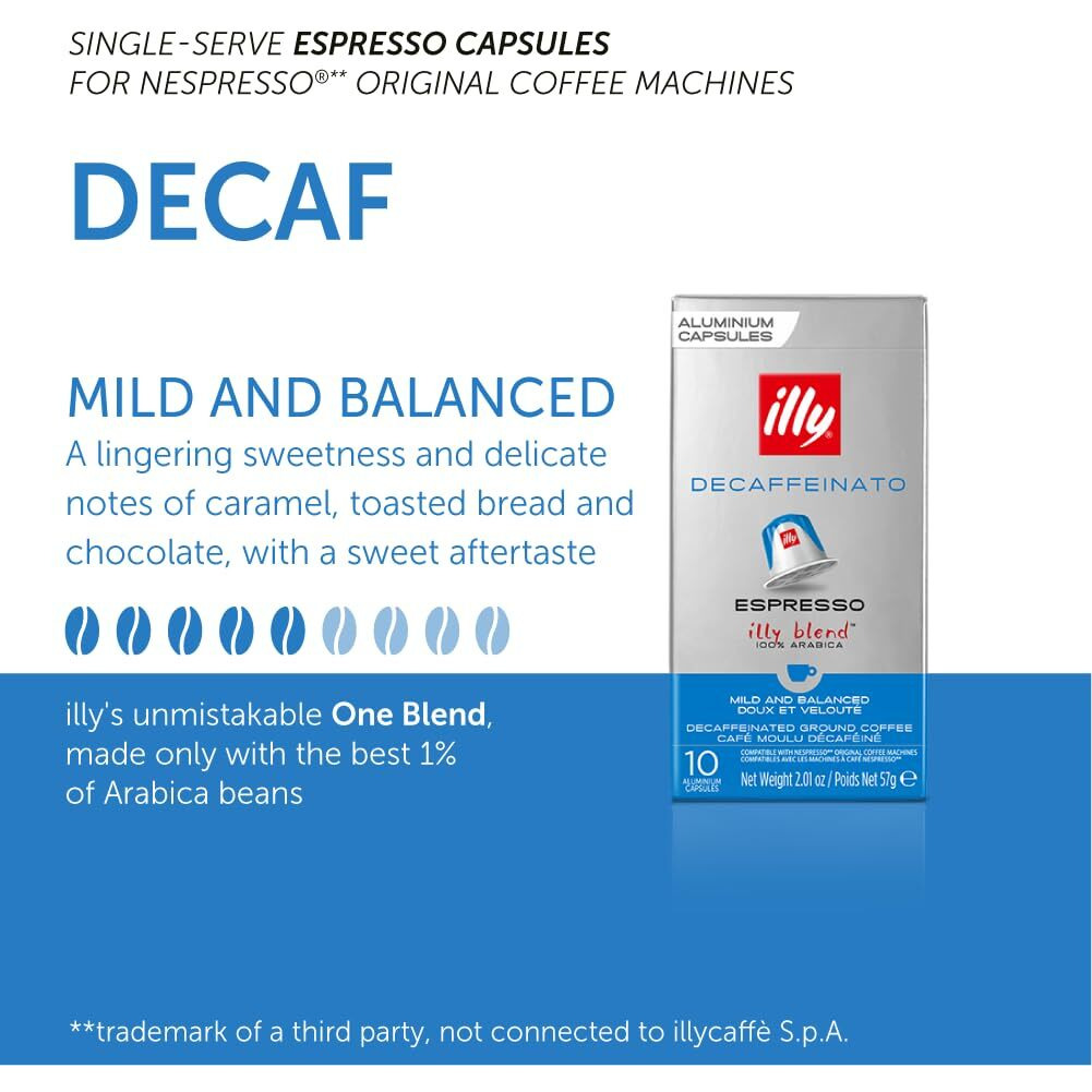 Illy Espresso Compatible Capsules - Single-Serve Coffee Capsules & Pods - Classico Decaf Roast - Notes Of Caramel, Toasted Bread & Chocolate Pods - For Nespresso Coffee Machines - 10 Count