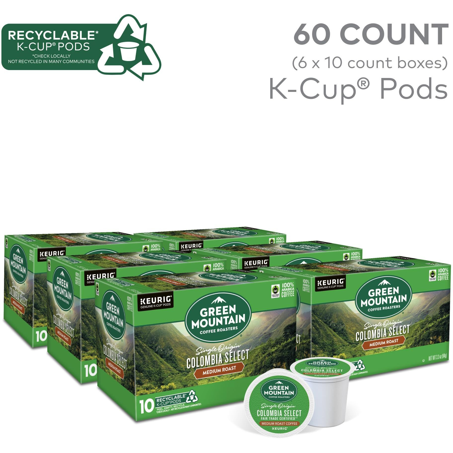 Green Mountain Coffee Roasters Colombia Select, Keurig Single Serve K-Cup Pods, Medium Roast Coffee, 60 Count, (6 Packs Of 10)