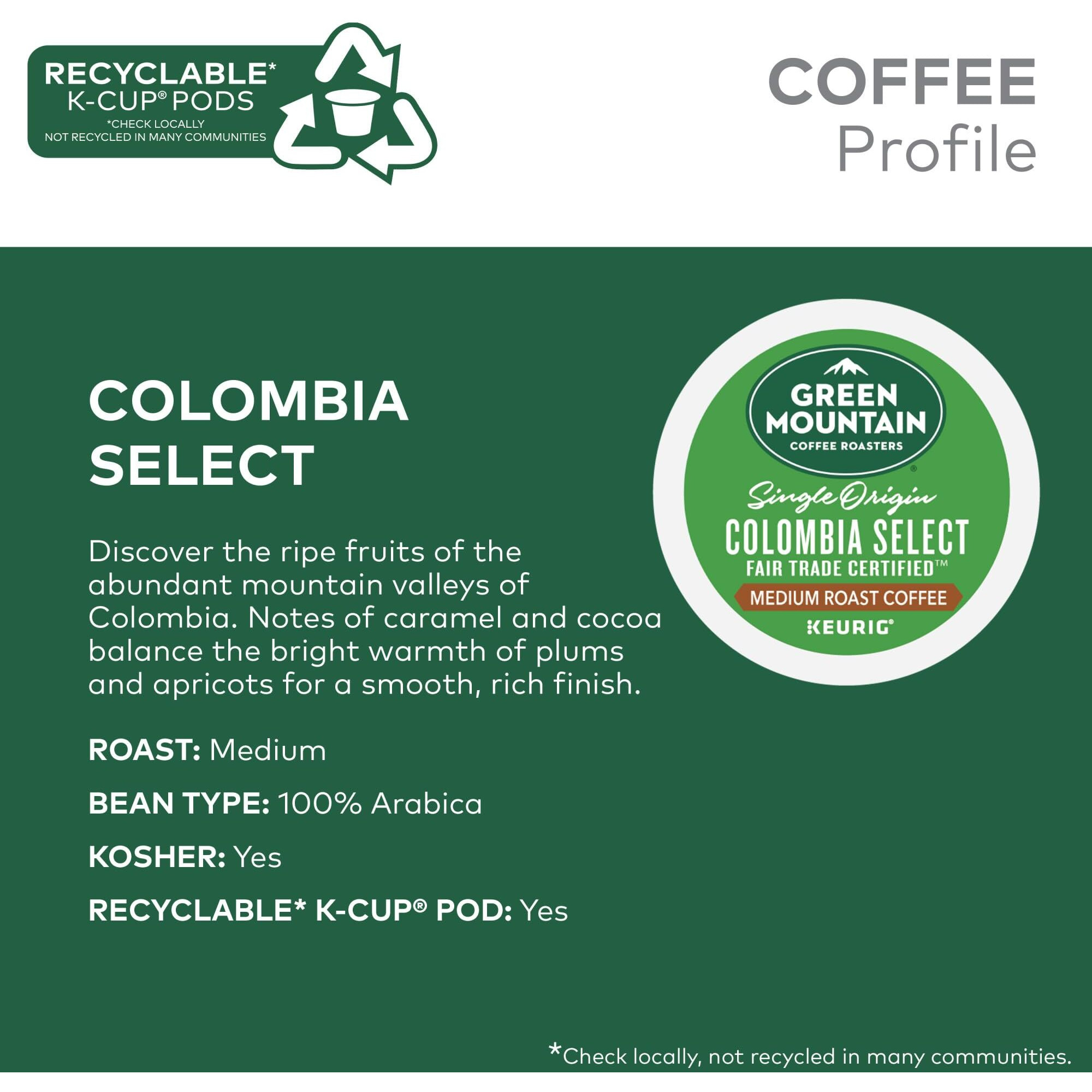 Green Mountain Coffee Roasters Colombia Select, Keurig Single Serve K-Cup Pods, Medium Roast Coffee, 60 Count, (6 Packs Of 10)