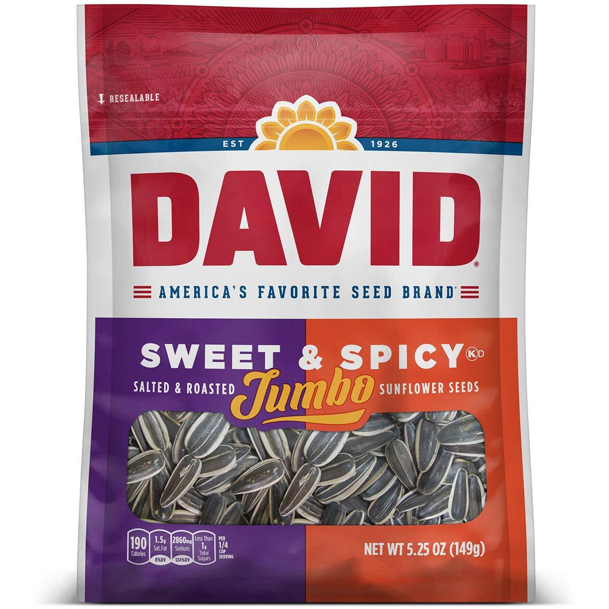 David Seeds Sweet And Spicy Salted And Roasted Jumbo Sunflower Seeds, Keto Friendly Snack, 5.25 Oz Bags, 12 Pack