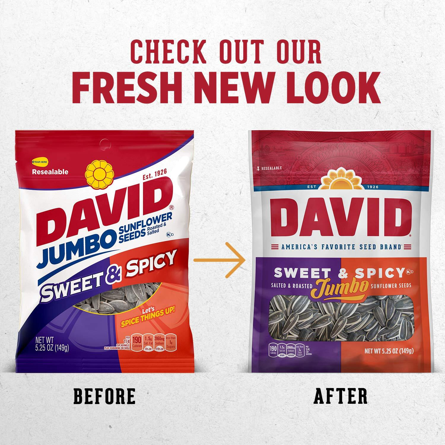 David Seeds Sweet And Spicy Salted And Roasted Jumbo Sunflower Seeds, Keto Friendly Snack, 5.25 Oz Bags, 12 Pack