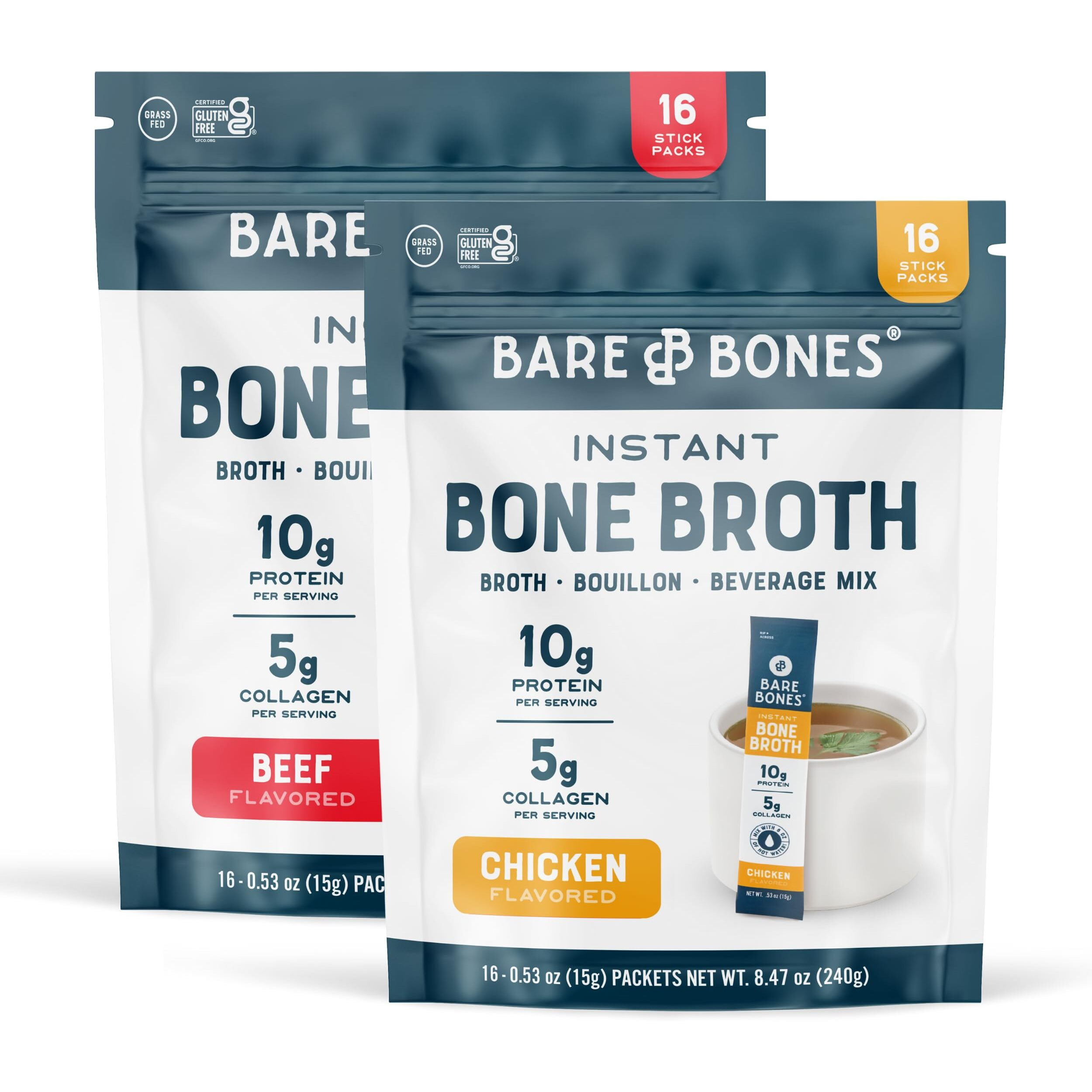 Bare Bones Bone Broth Instant Powdered Beverage Mix, Chicken & Beef, Variety Pack Of 32, 16 Chicken & 16 Beef - 15G Sticks, 10G Protein, Keto & Paleo Friendly