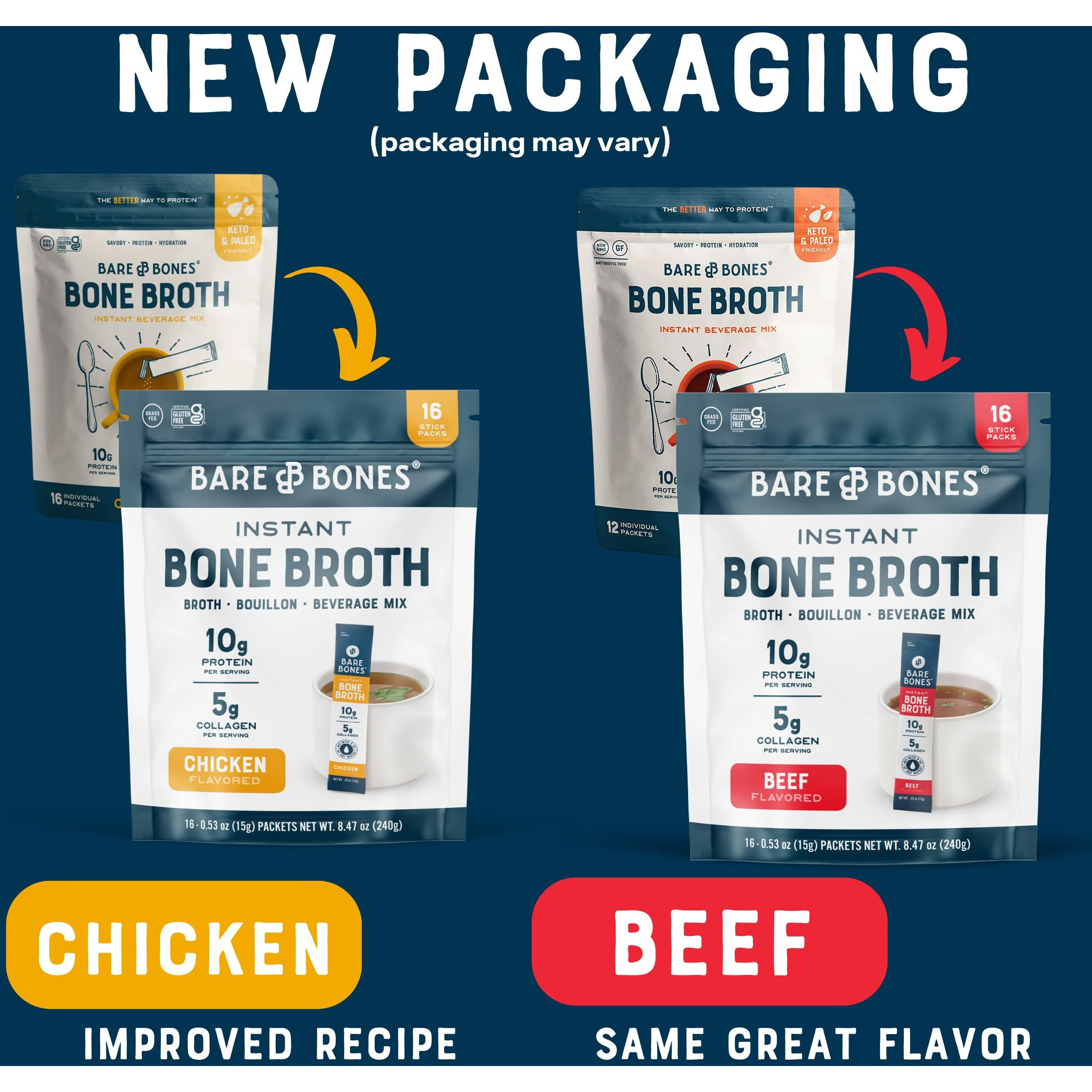 Bare Bones Bone Broth Instant Powdered Beverage Mix, Chicken & Beef, Variety Pack Of 32, 16 Chicken & 16 Beef - 15G Sticks, 10G Protein, Keto & Paleo Friendly