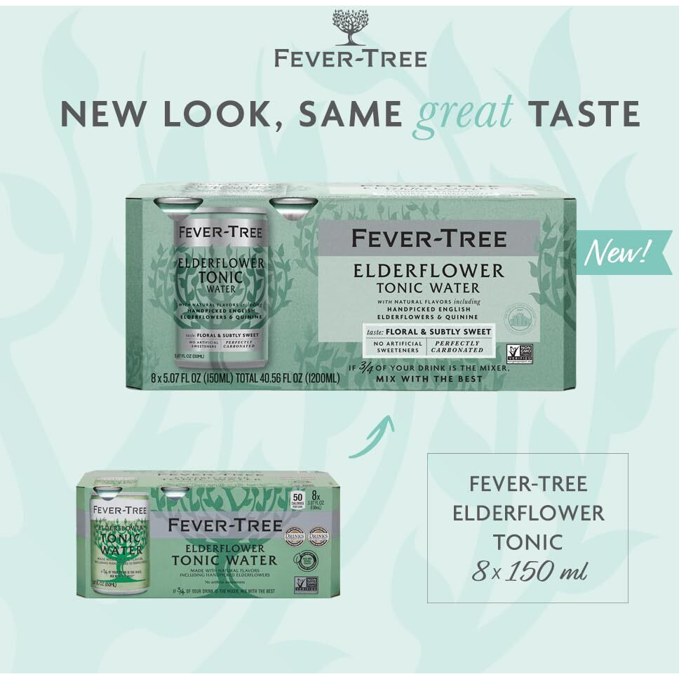 Fever Tree Elderflower Tonic Water - Premium Quality Mixer - Refreshing Beverage For Cocktails & Mocktails. Naturally Sourced Ingredients, No Artificial Sweeteners Or Colors - 150 Ml Cans - Pack Of 24