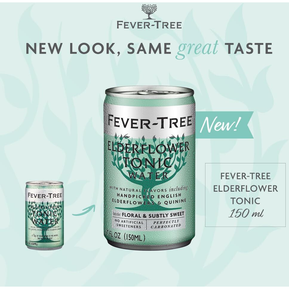 Fever Tree Elderflower Tonic Water - Premium Quality Mixer - Refreshing Beverage For Cocktails & Mocktails. Naturally Sourced Ingredients, No Artificial Sweeteners Or Colors - 150 Ml Cans - Pack Of 24