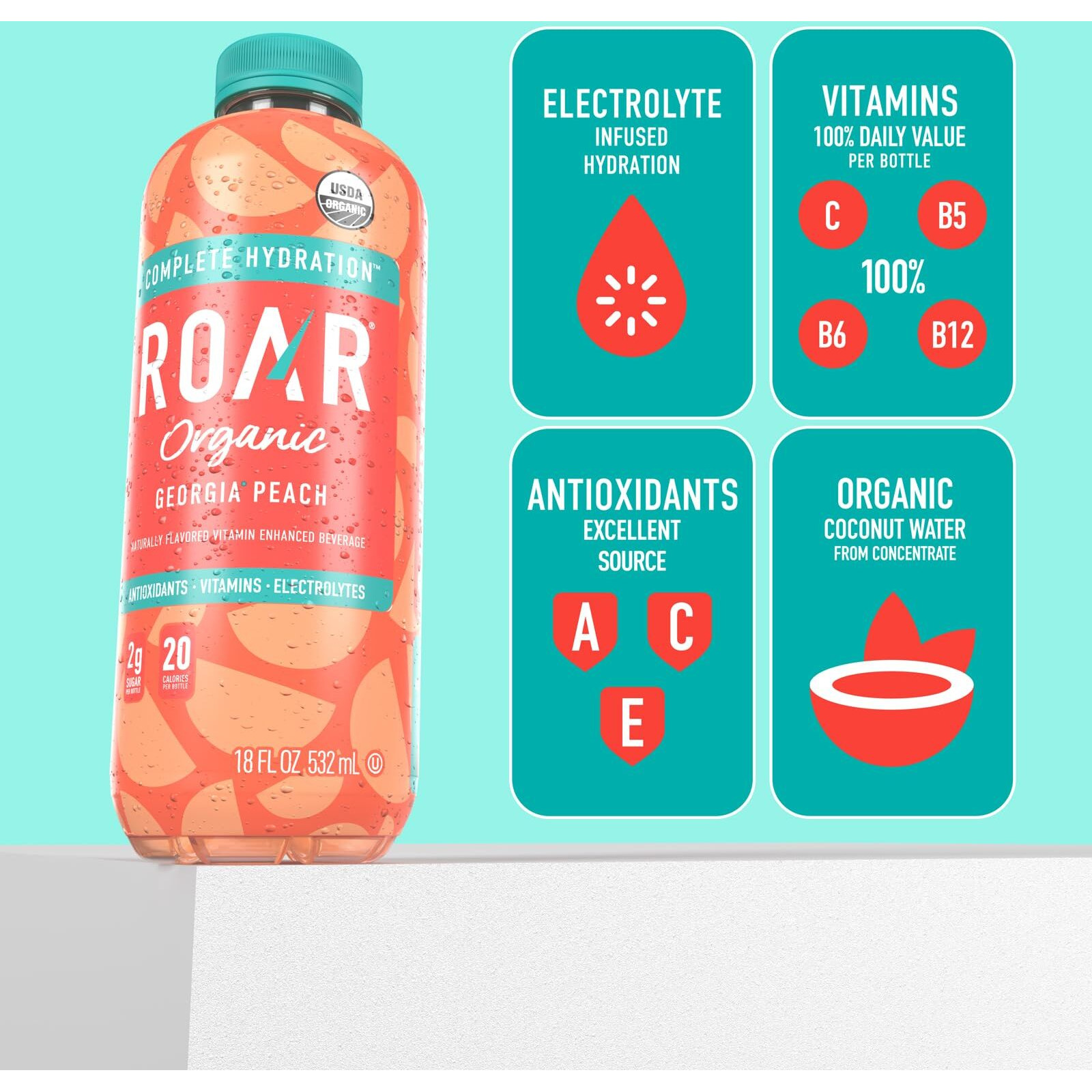 Roar Complete Hydration Organic - Electrolyte Drinks Loaded With Vitamins C, B5, B12 - Non-Gmo, Gluten-Free - Georgia Peach - 12 Pc