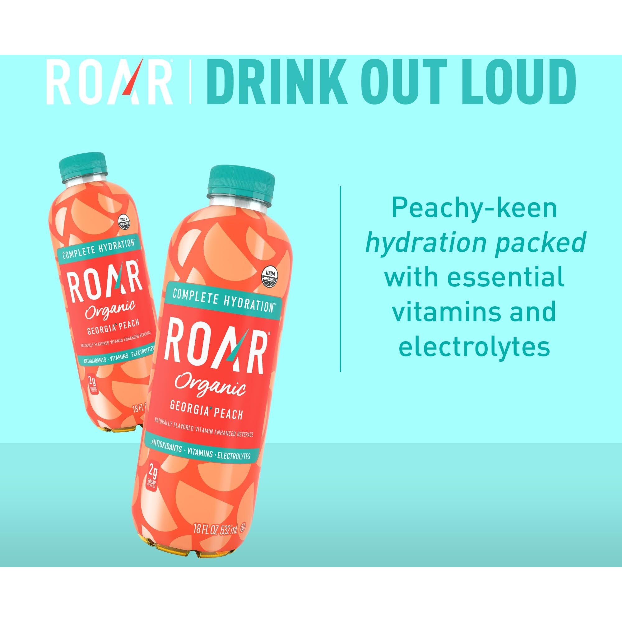 Roar Complete Hydration Organic - Electrolyte Drinks Loaded With Vitamins C, B5, B12 - Non-Gmo, Gluten-Free - Georgia Peach - 12 Pc
