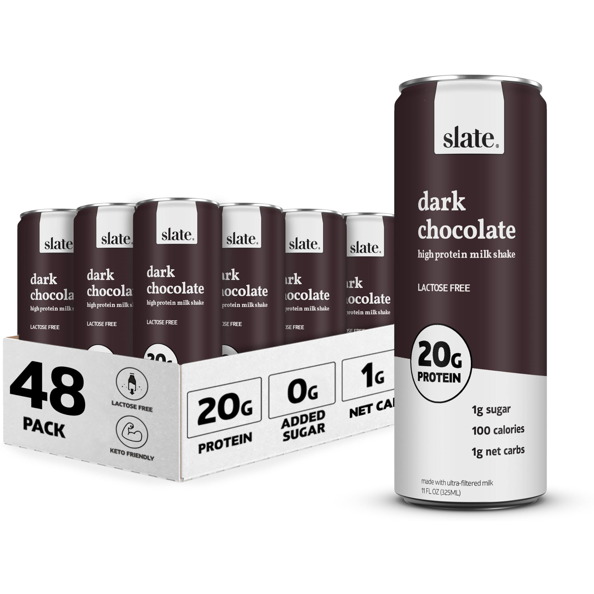Slate Milk - High Protein Milk Shake - Dark Chocolate - Lactose Free, 20G Protein, 1G Sugar, 100 Calories, 1G Net Carbs, No Added Sugar - Natural, Breakfast Boost, Post Workout - 11 Fl Oz, 48 Cans
