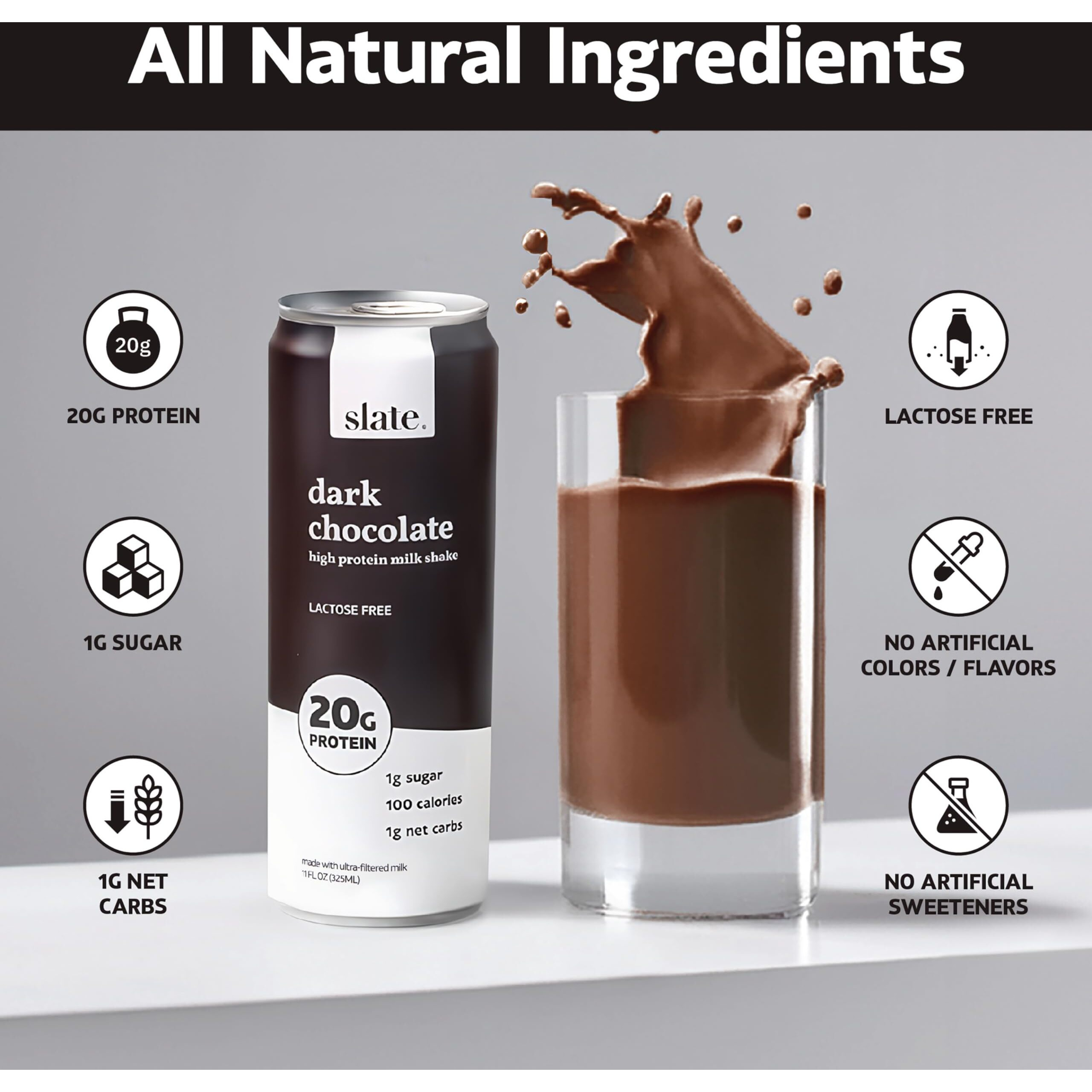 Slate Milk - High Protein Milk Shake - Dark Chocolate - Lactose Free, 20G Protein, 1G Sugar, 100 Calories, 1G Net Carbs, No Added Sugar - Natural, Breakfast Boost, Post Workout - 11 Fl Oz, 48 Cans