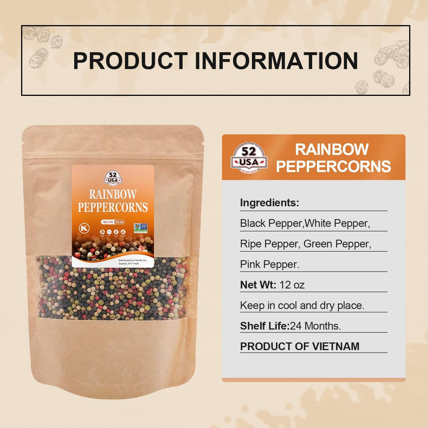 52Usa Rainbow Peppercorns, 12Oz, Peppercorns For Grinder Refill, Whole White Peppercorns, Red Peppercorns, Black Peppercorns, Mixed Peppercorns, Rainbow Pepper Mix